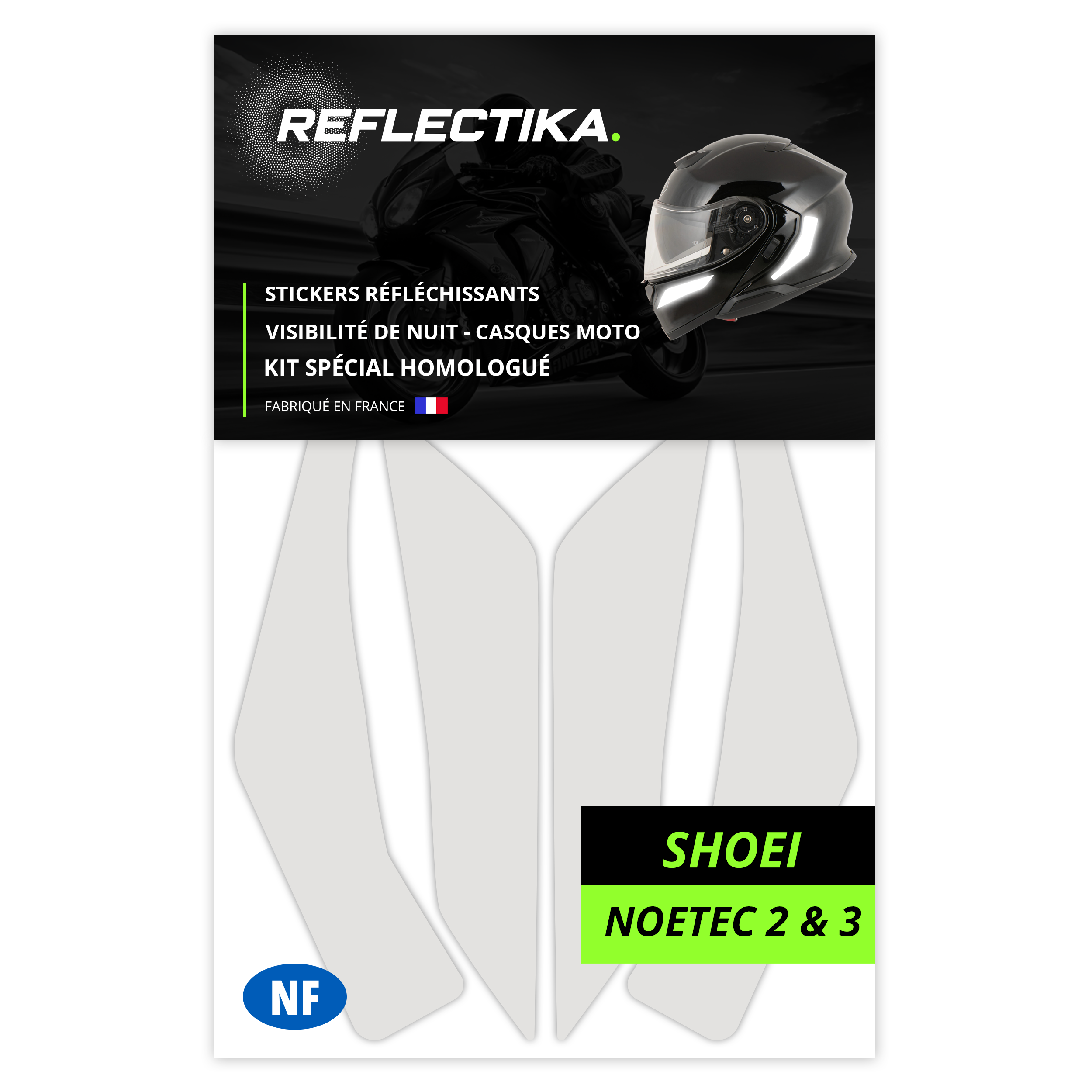 Kit Spécial Stickers Autocollants Réfléchissants pour casque Moto Shoei Noetec 2 et 3