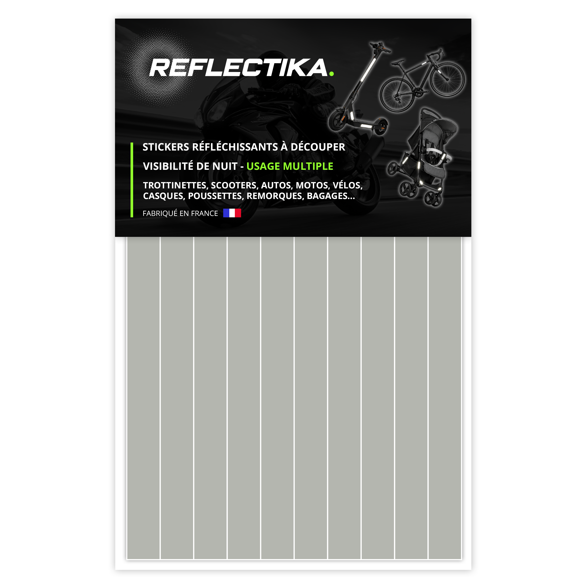 Kit Stickers Bandes Rétro Réfléchissants pour Trottinette, Vélo, Moto, Poussettes - Autocollants Multi Supports Blanc