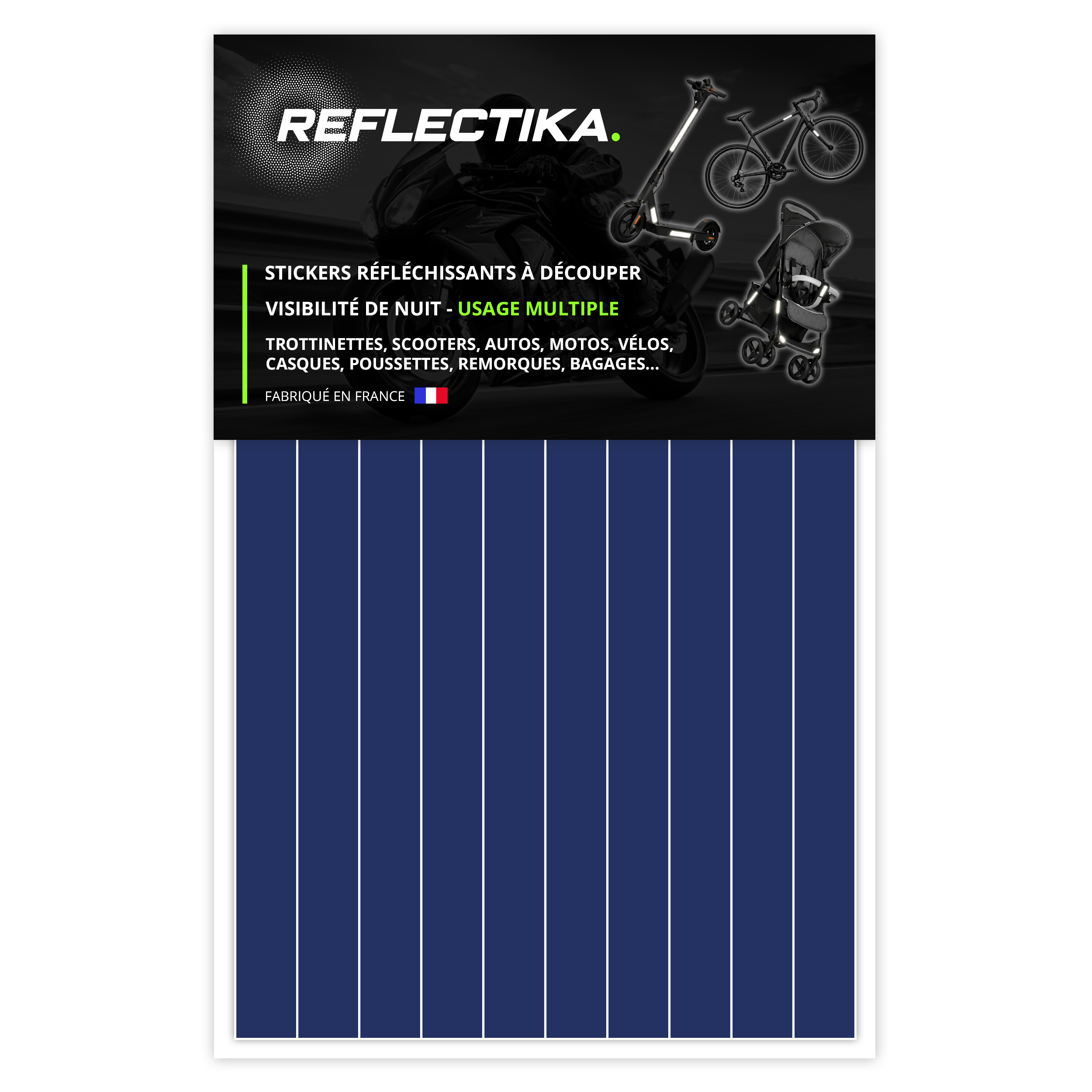 Kit Stickers Bandes Rétro Réfléchissants pour Trottinette, Vélo, Moto, Poussettes - Autocollants Multi Supports Bleu Marine