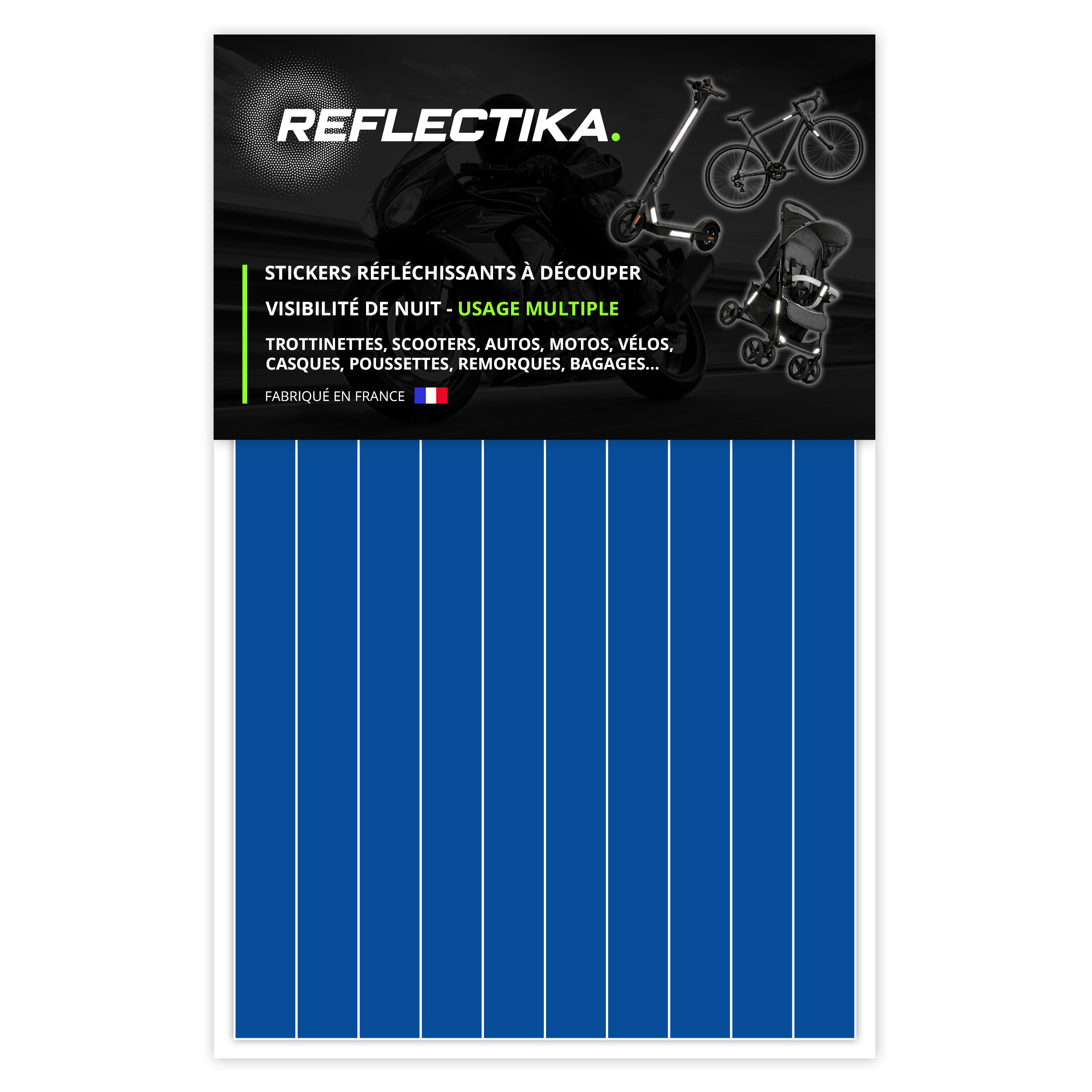 Kit Stickers Bandes Rétro Réfléchissants pour Trottinette, Vélo, Moto, Poussettes - Autocollants Multi Supports Bleu Clair