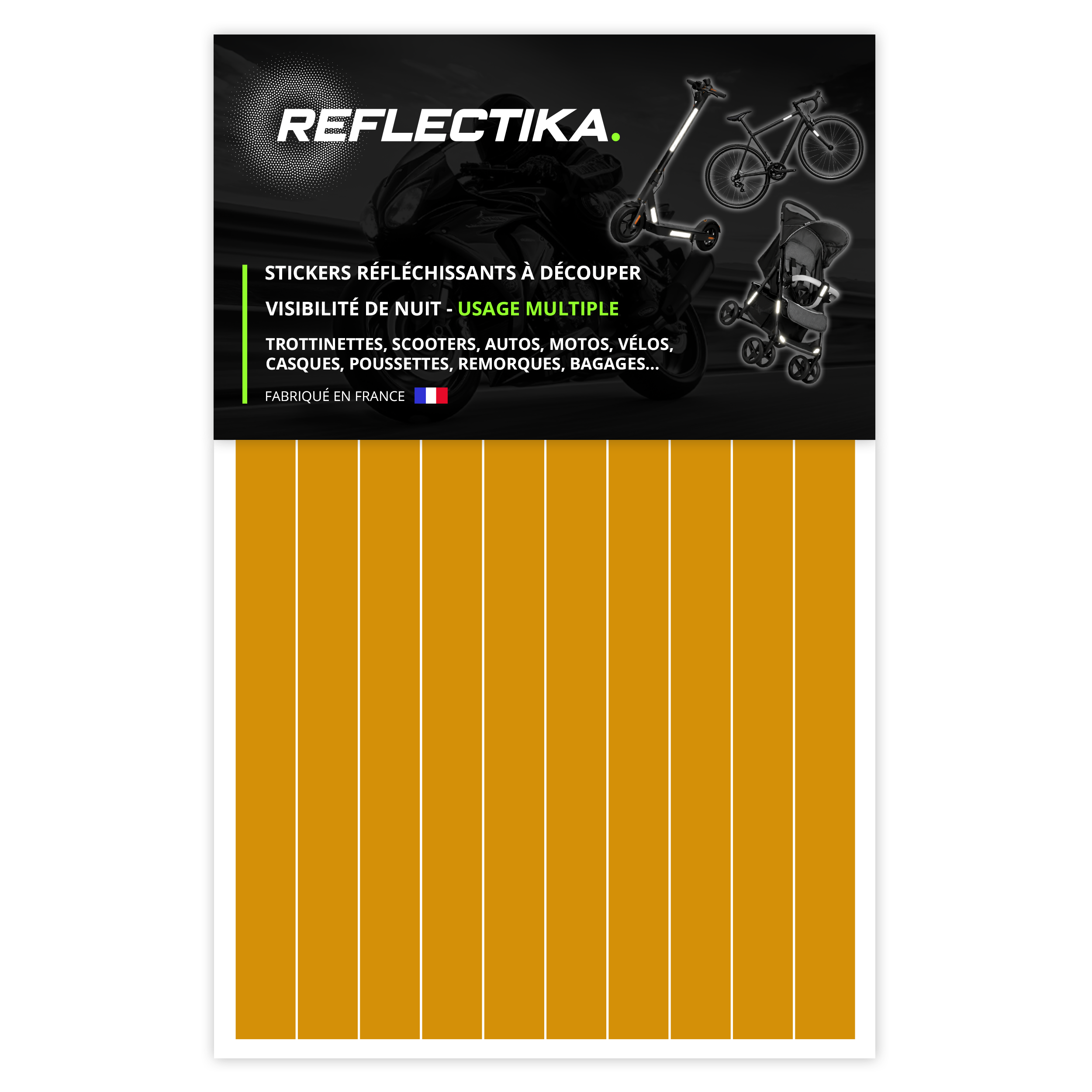 Kit Stickers Bandes Rétro Réfléchissants pour Trottinette, Vélo, Moto, Poussettes - Autocollants Multi Supports Jaune