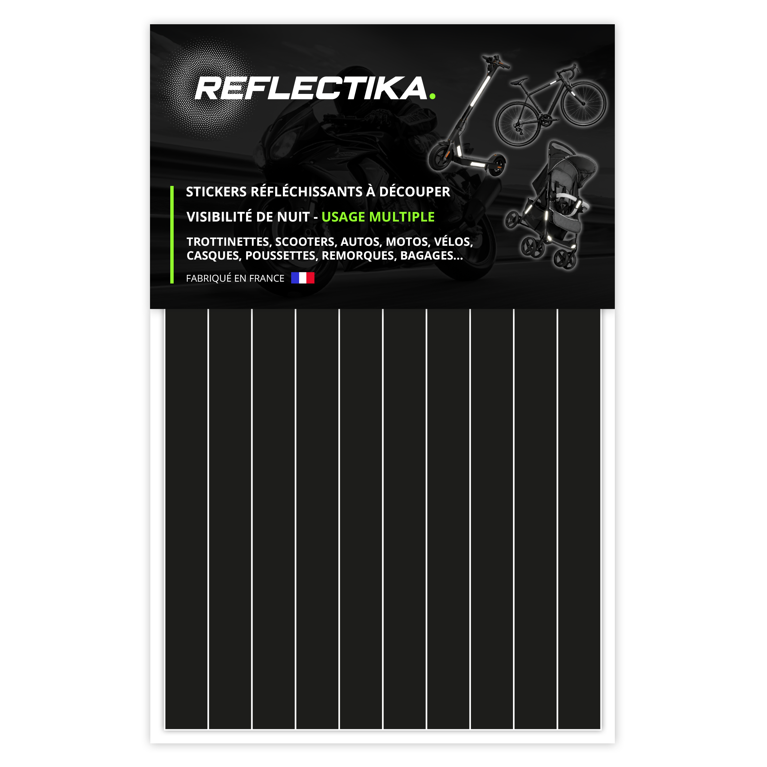 Kit Stickers Bandes Rétro Réfléchissants pour Trottinette, Vélo, Moto, Poussettes - Autocollants Multi Supports Noir
