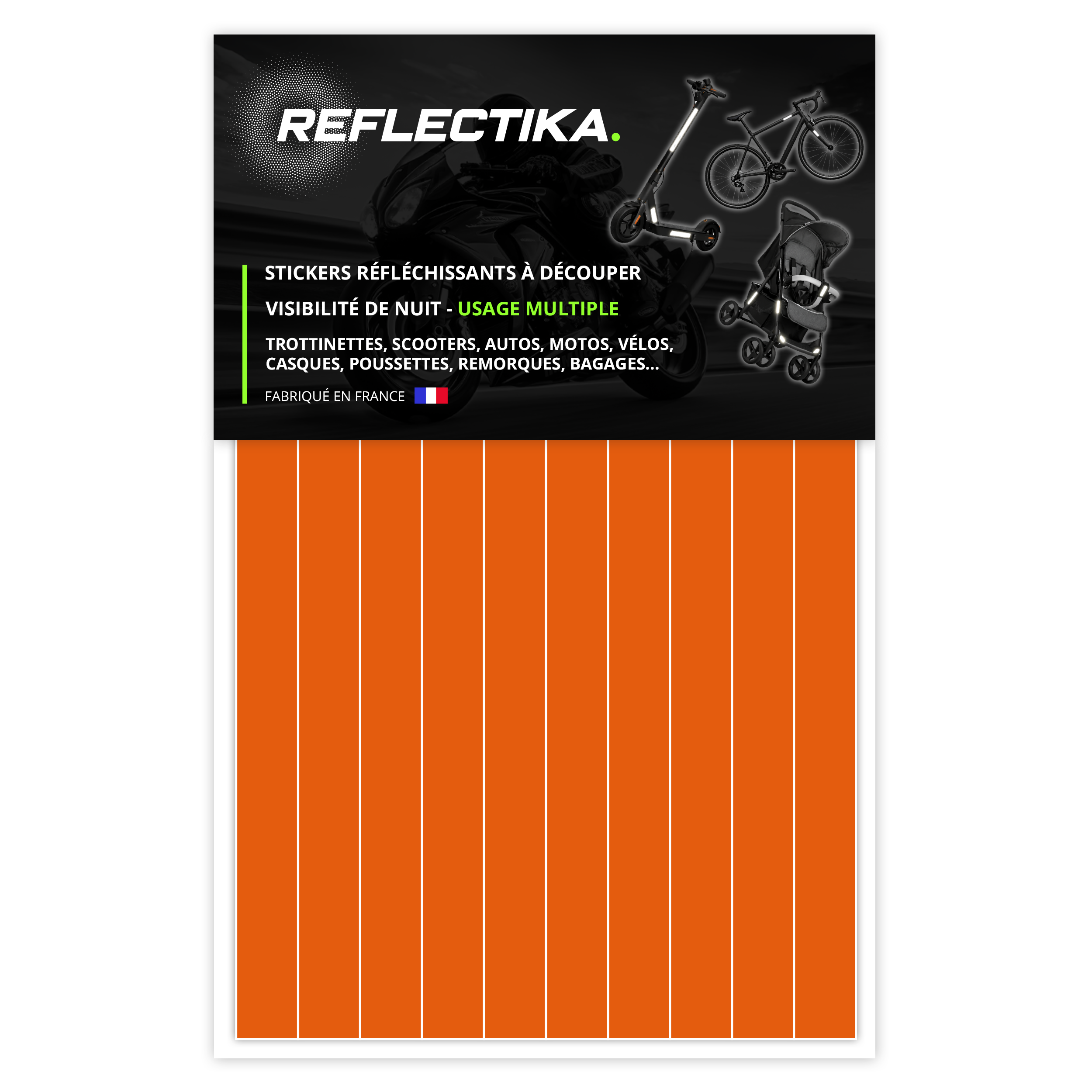 Kit Stickers Bandes Rétro Réfléchissants pour Trottinette, Vélo, Moto, Poussettes - Autocollants Multi Supports Orange