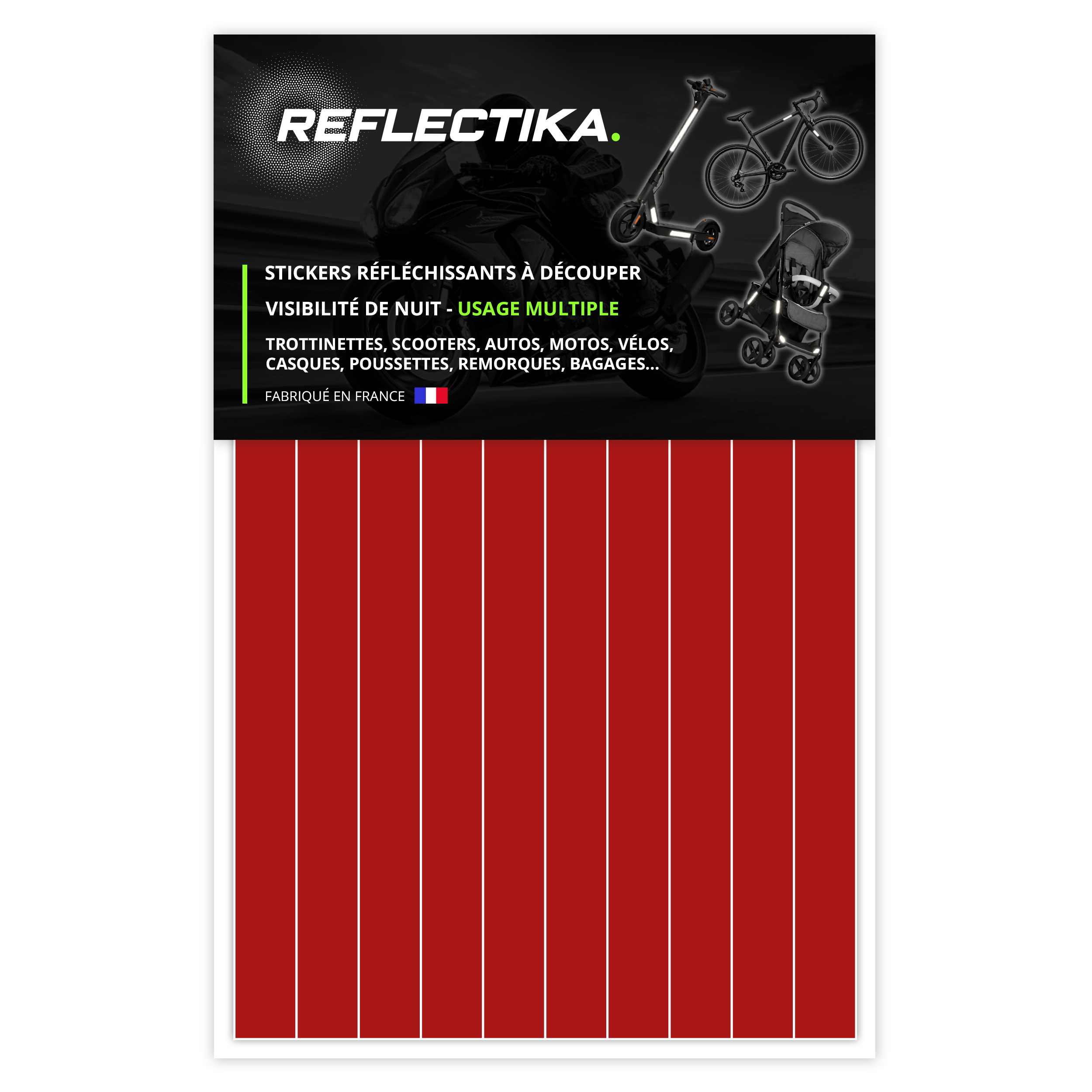 Kit Stickers Bandes Rétro Réfléchissants pour Trottinette, Vélo, Moto, Poussettes - Autocollants Multi Supports Rouge