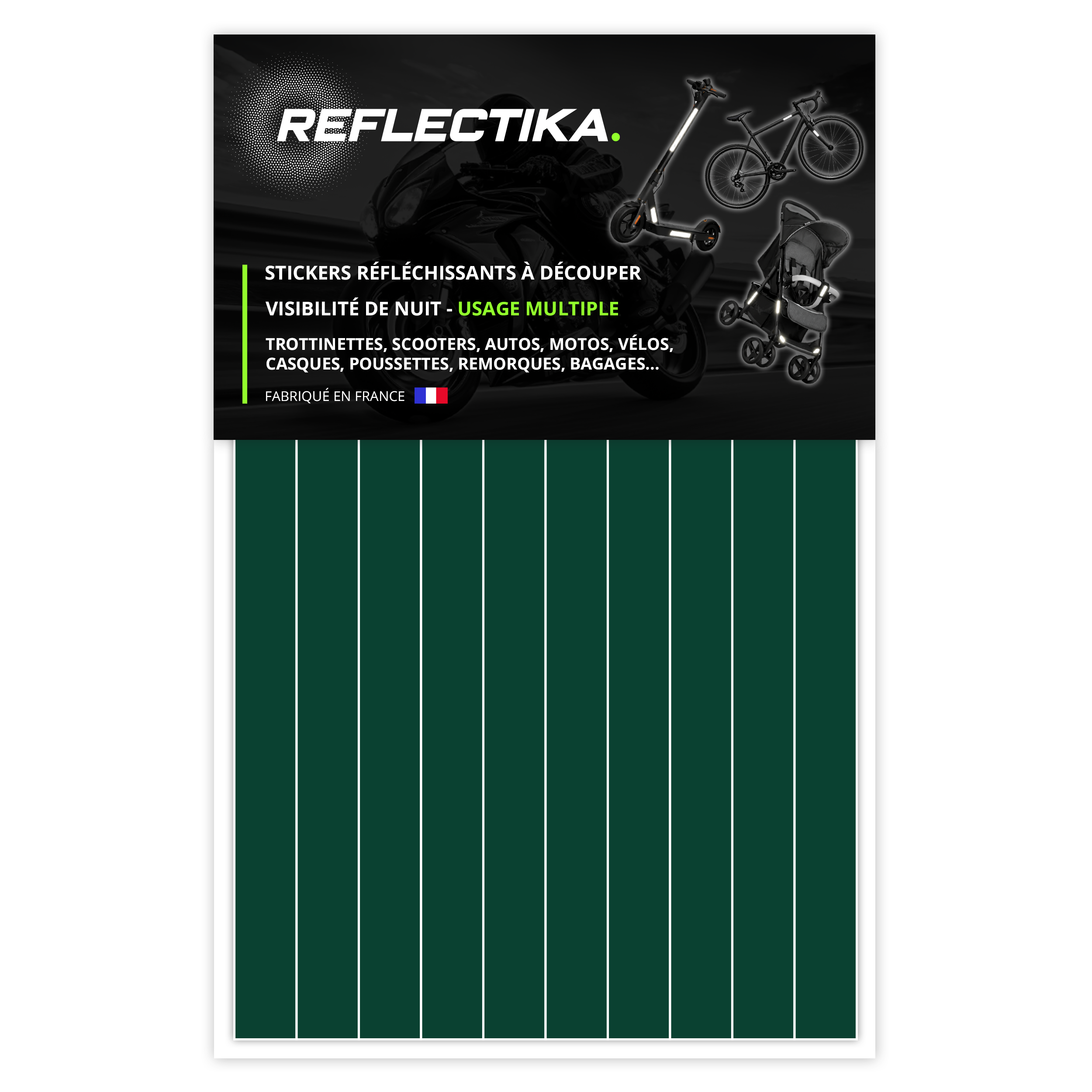 Kit Stickers Bandes Rétro Réfléchissants pour Trottinette, Vélo, Moto, Poussettes - Autocollants Multi Supports Vert Foncé