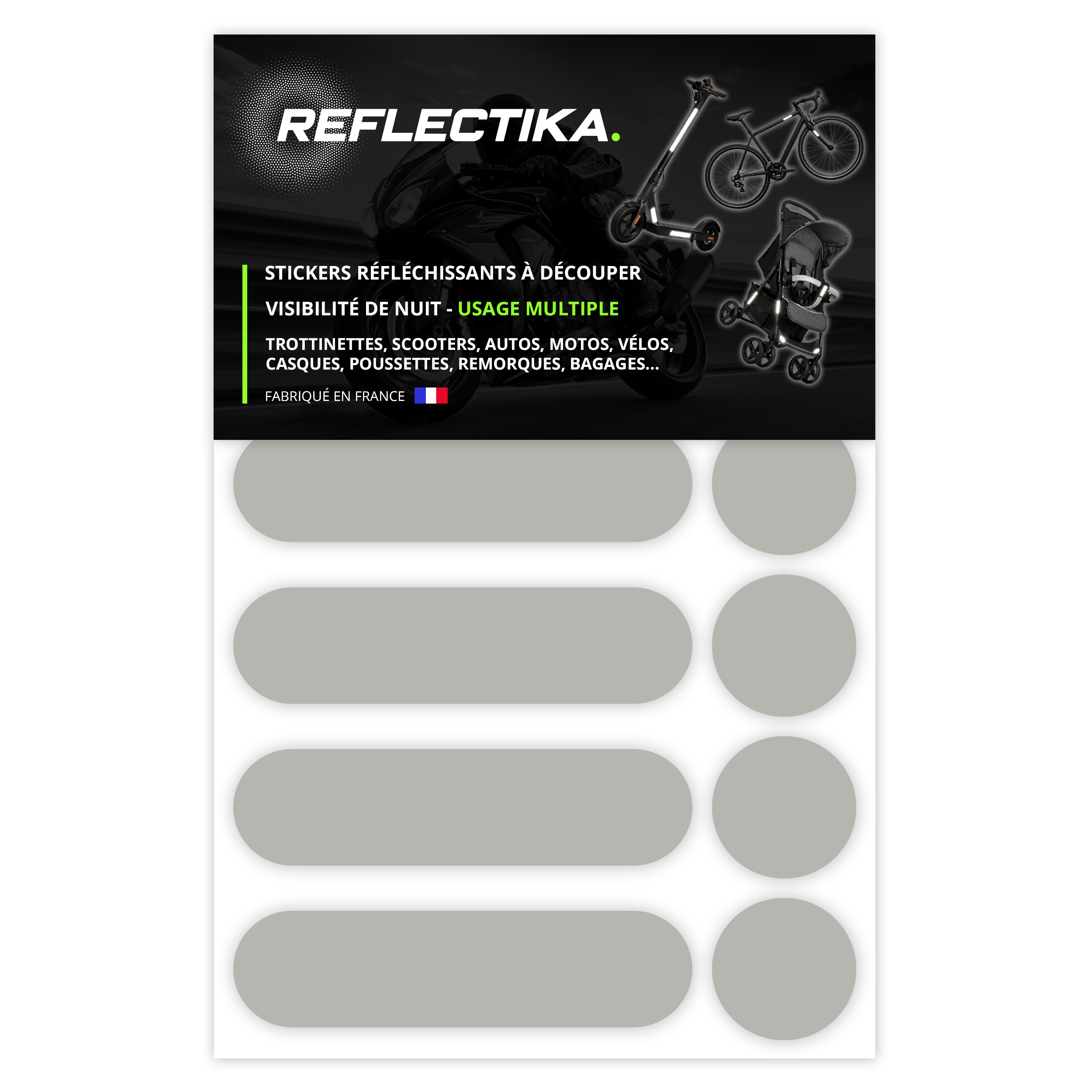 Kit Universel 12 Autocollants rétro réfléchissants - Stickers pour Vélo Casque Moto Poussette Multi-Supports Blanc