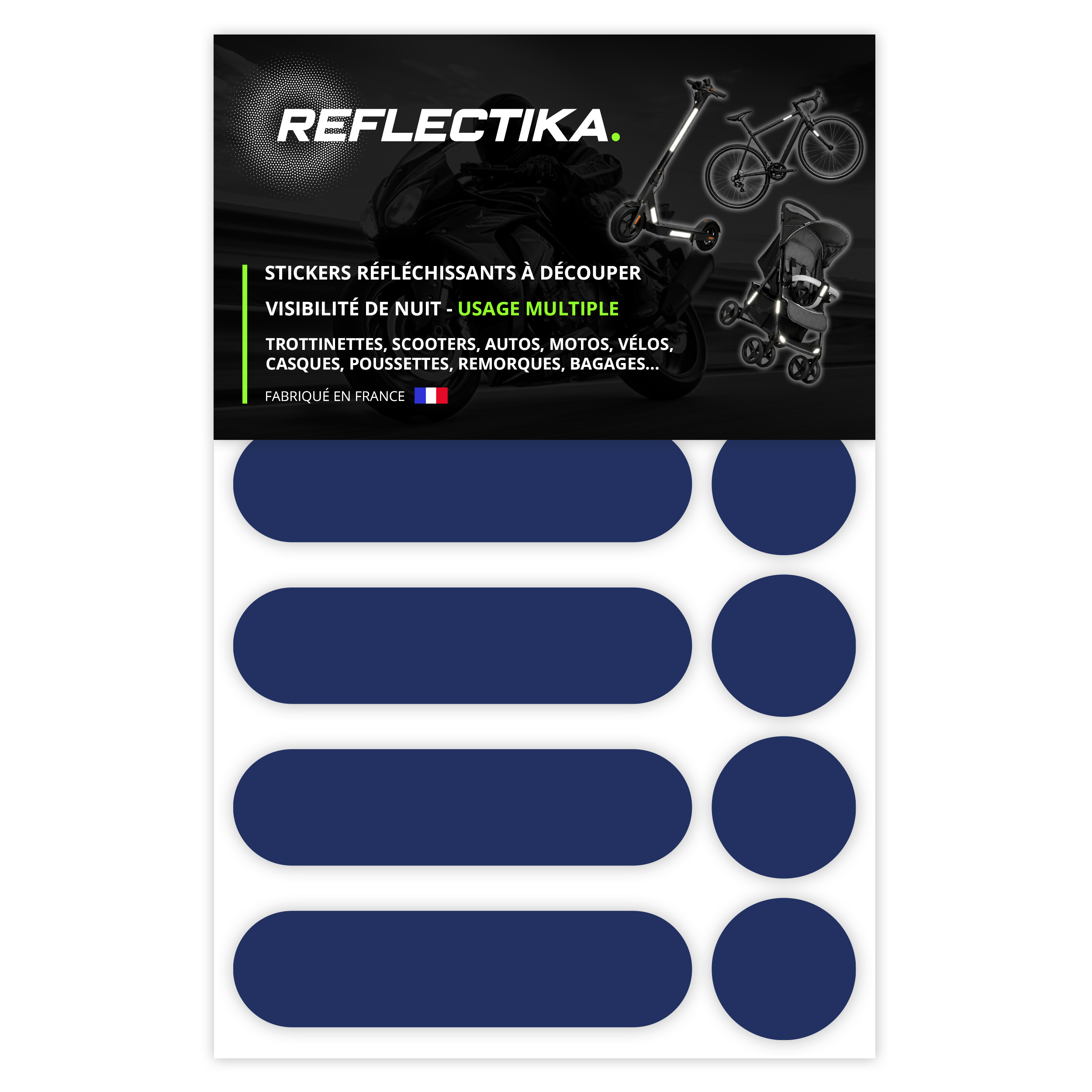 Kit Universel 12 Autocollants rétro réfléchissants - Stickers pour Vélo Casque Moto Poussette Multi-Supports Bleu Marine