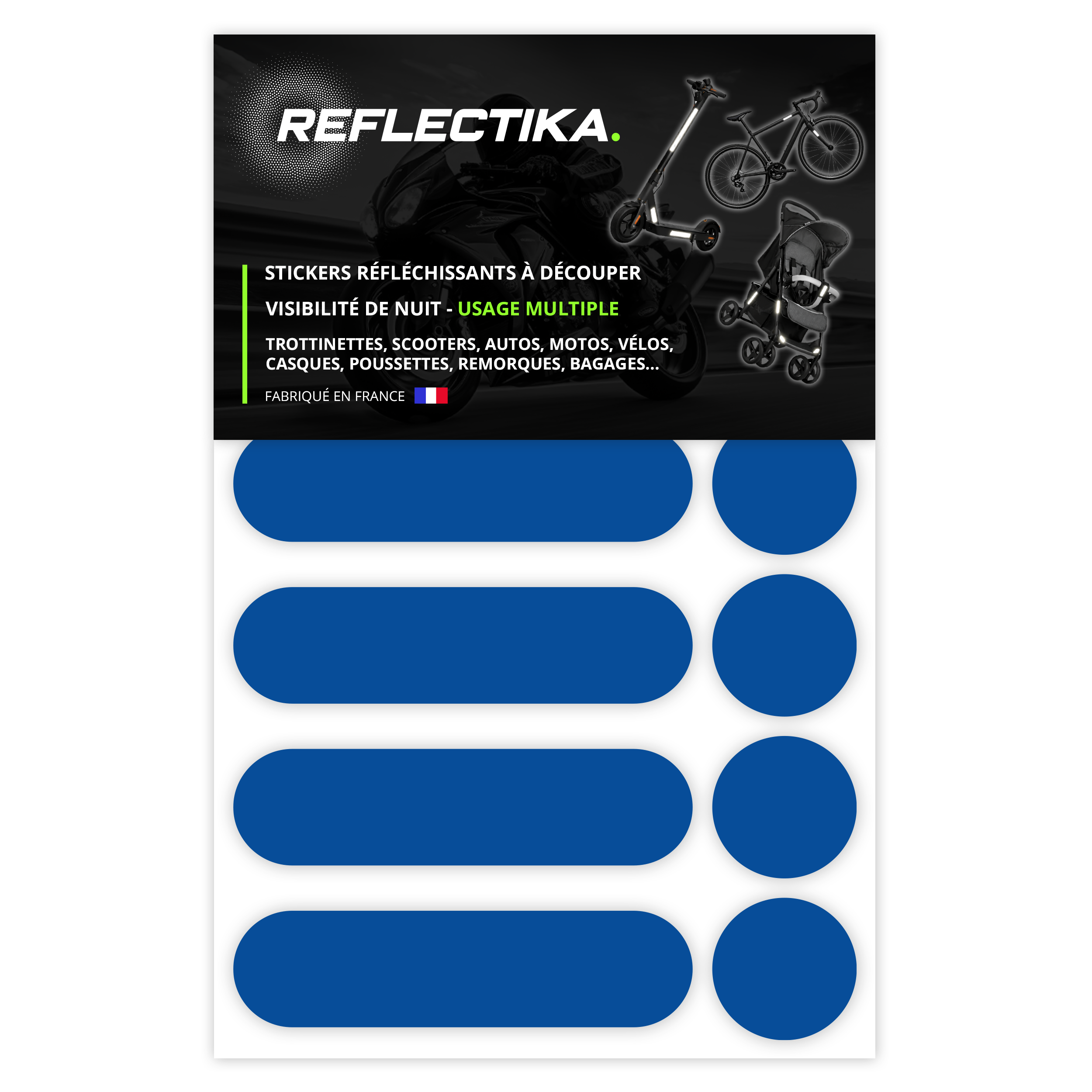 Kit Universel 12 Autocollants rétro réfléchissants - Stickers pour Vélo Casque Moto Poussette Multi-Supports Bleu Clair