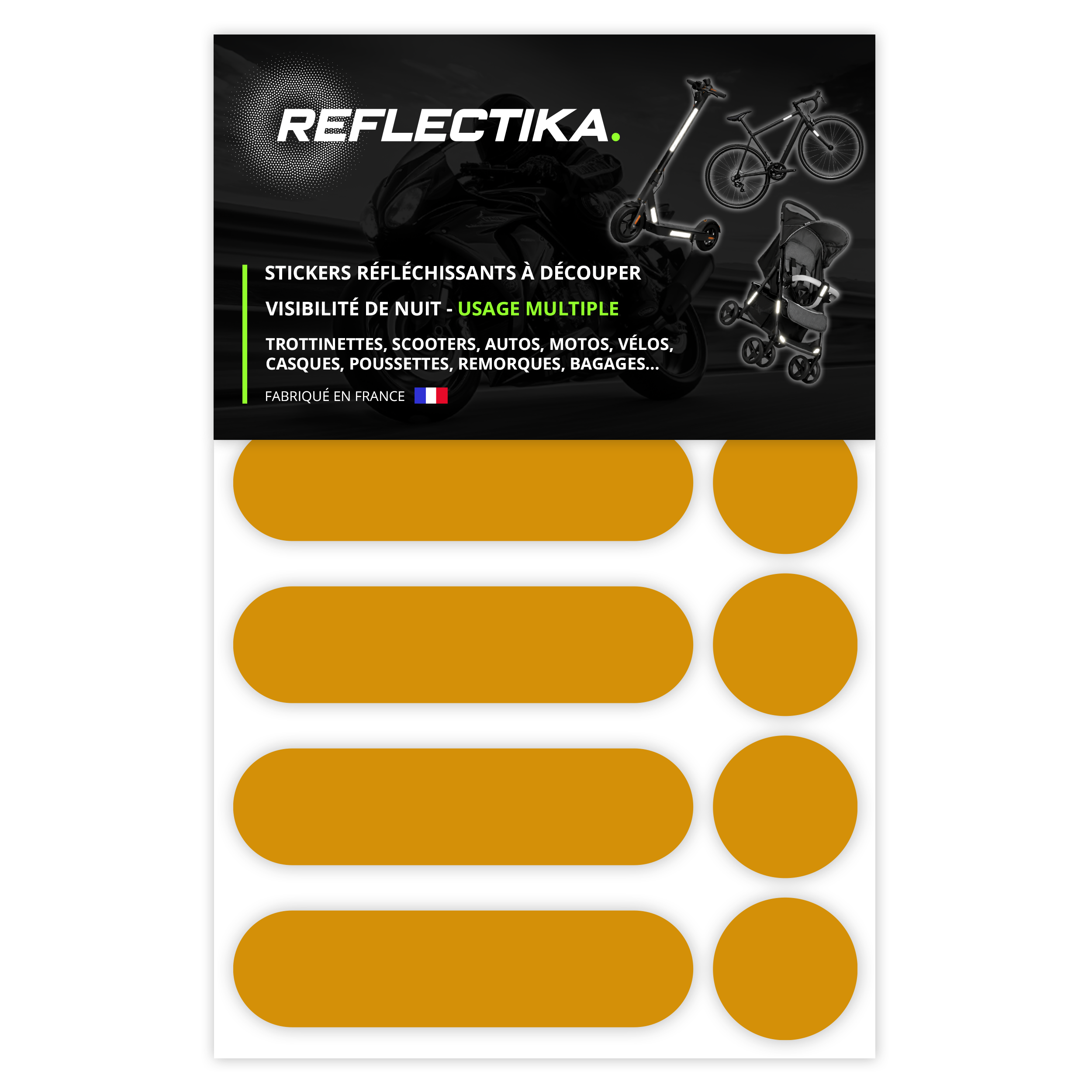 Kit Universel 12 Autocollants rétro réfléchissants - Stickers pour Vélo Casque Moto Poussette Multi-Supports Jaune