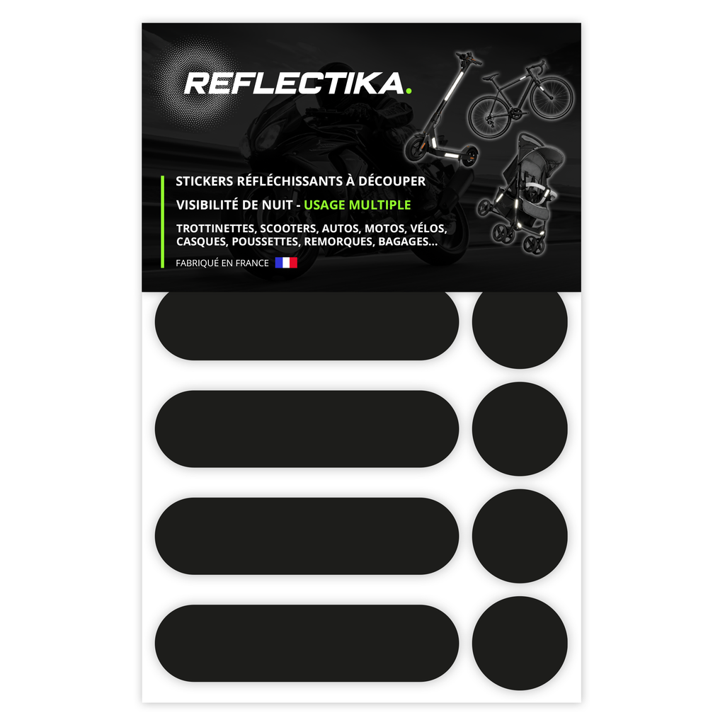Kit Universel 12 Autocollants rétro réfléchissants - Stickers pour Vélo Casque Moto Poussette Multi-Supports Noir