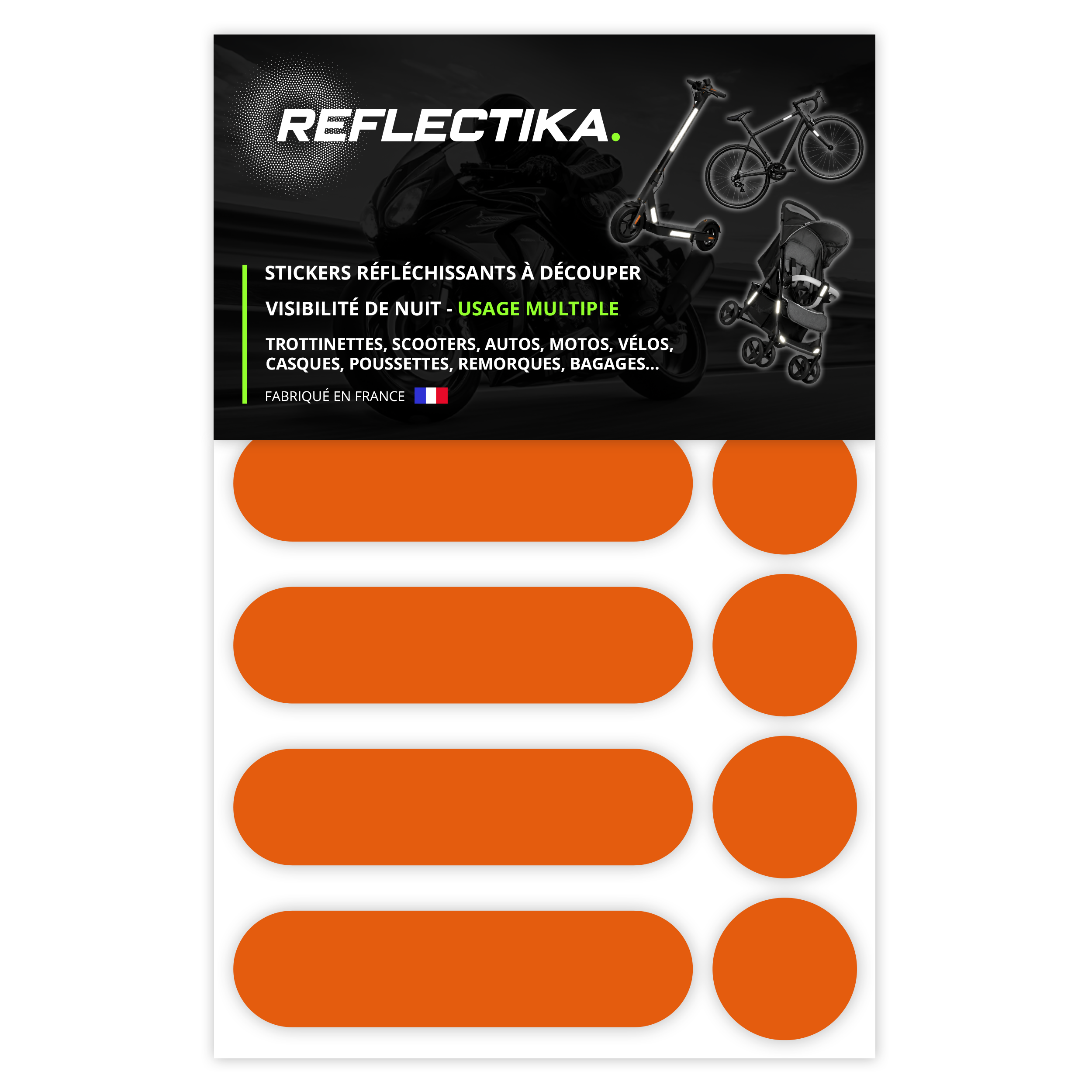 Kit Universel 12 Autocollants rétro réfléchissants - Stickers pour Vélo Casque Moto Poussette Multi-Supports Orange