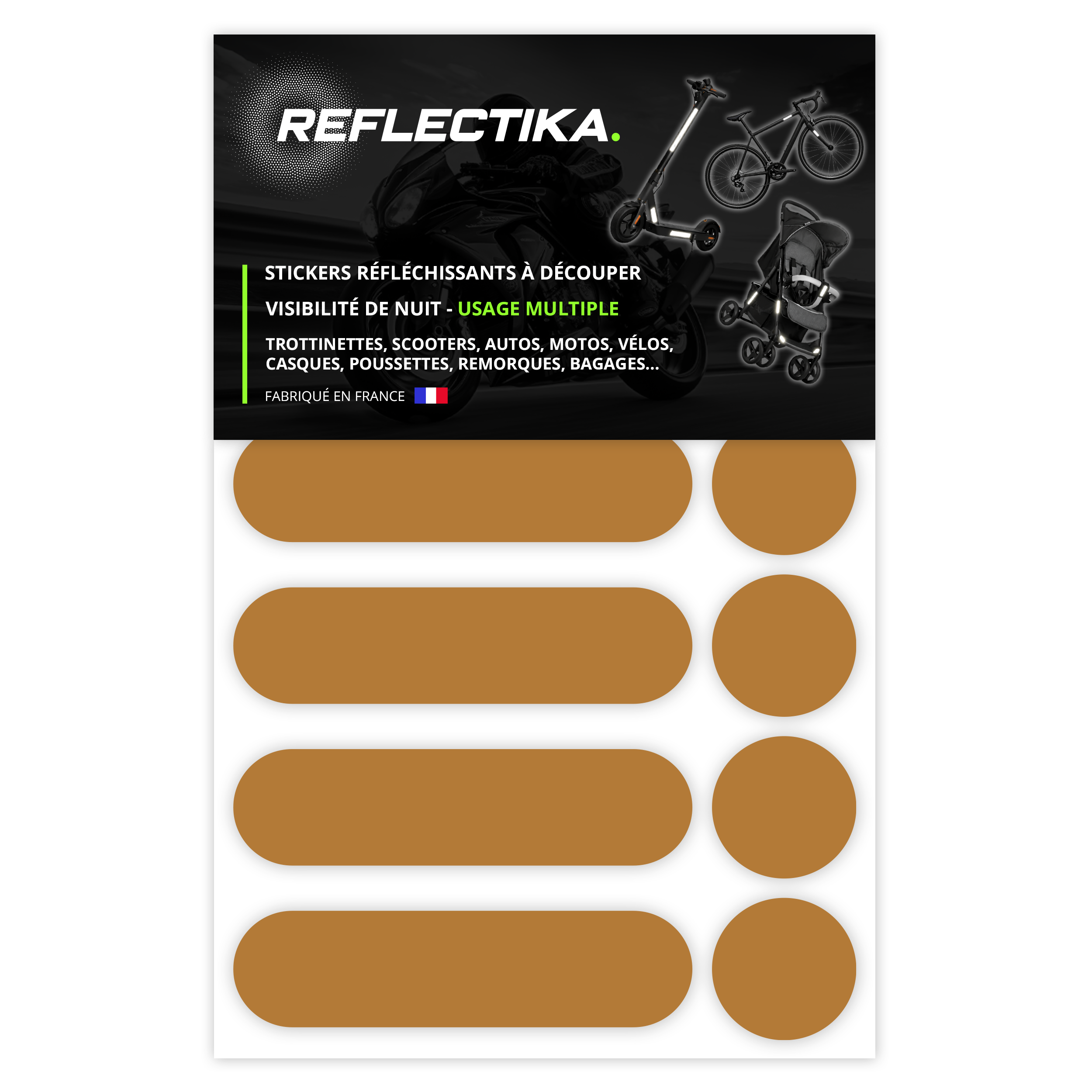 Kit Universel 12 Autocollants rétro réfléchissants - Stickers pour Vélo Casque Moto Poussette Multi-Supports Or