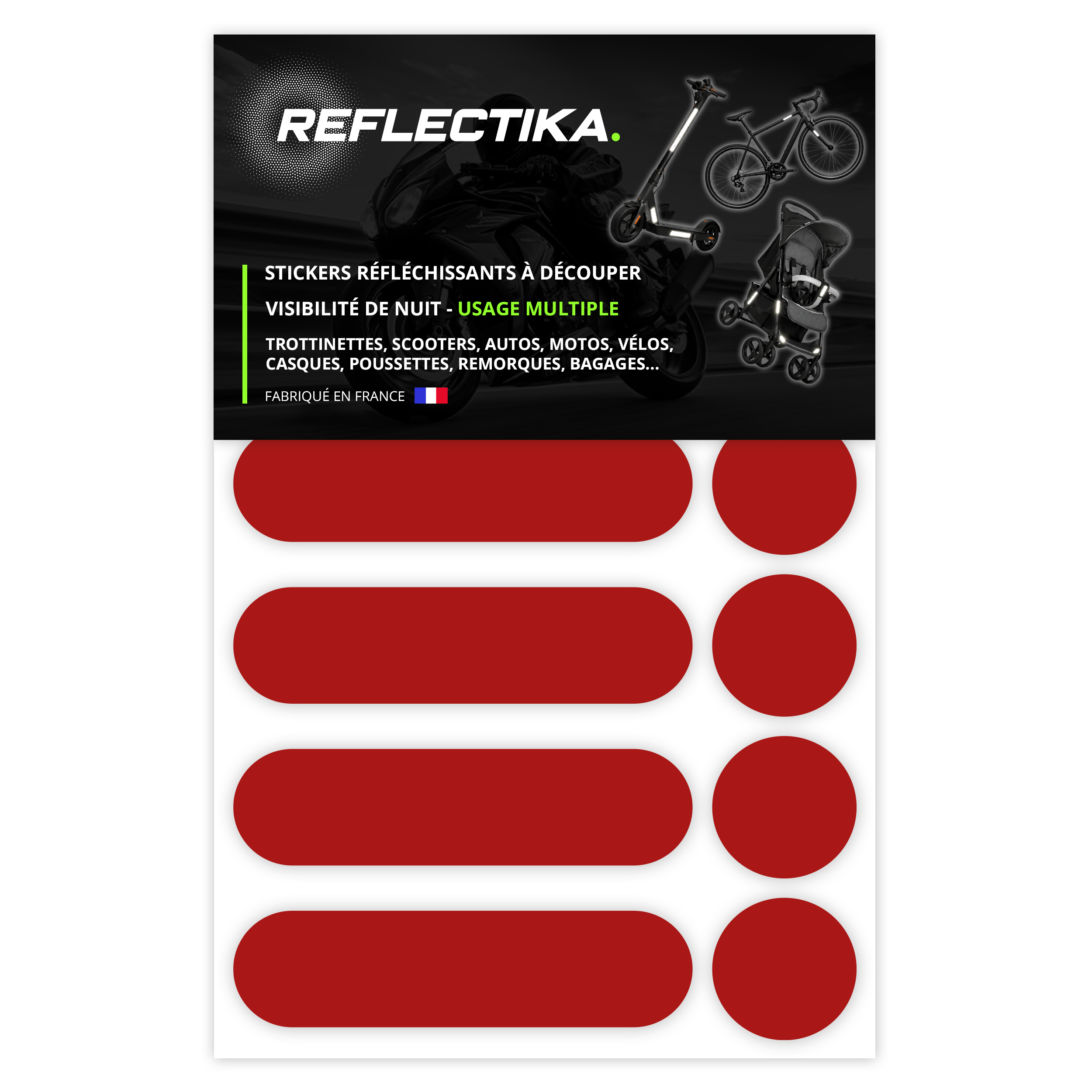 Kit Universel 12 Autocollants rétro réfléchissants - Stickers pour Vélo Casque Moto Poussette Multi-Supports Rouge