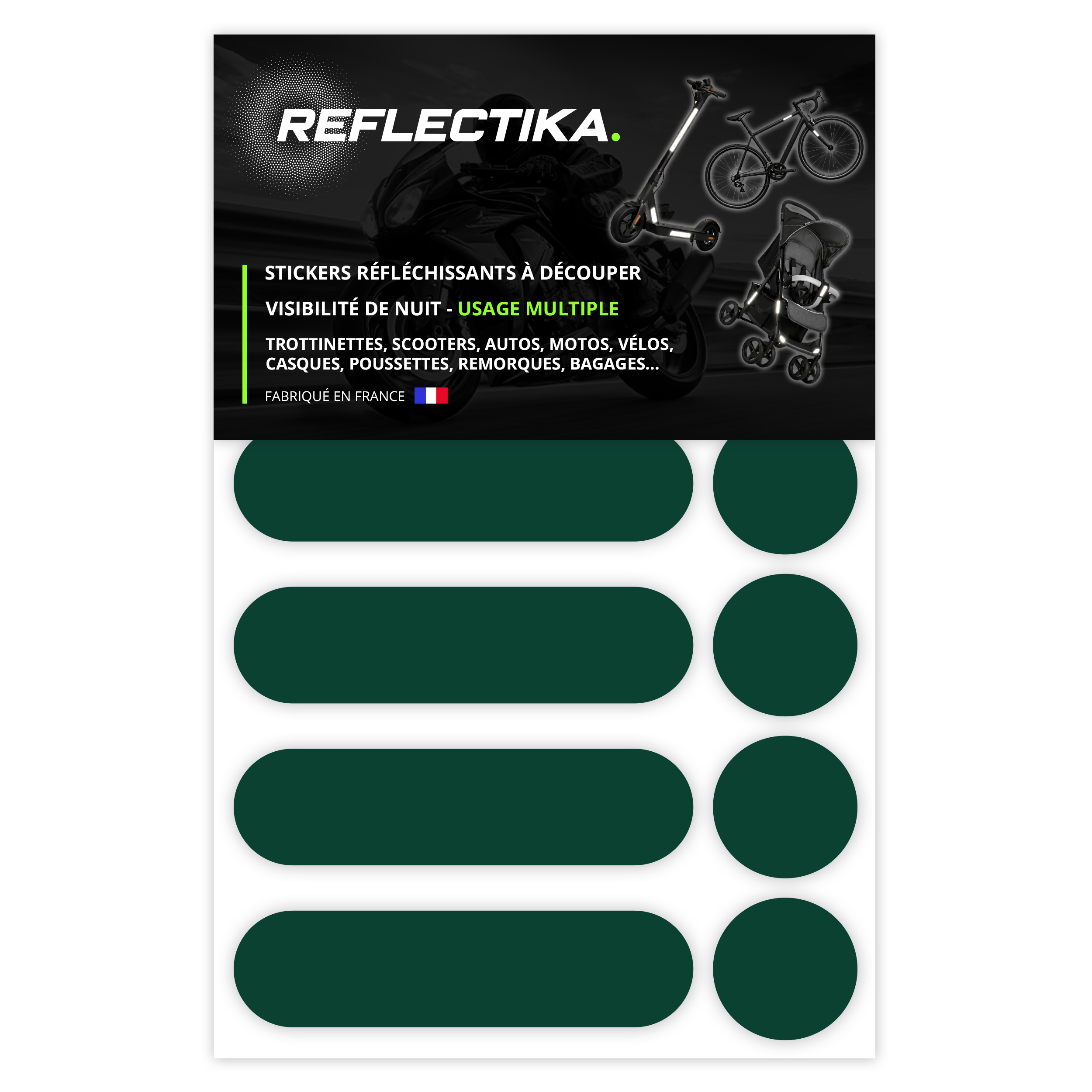 Kit Universel 12 Autocollants rétro réfléchissants - Stickers pour Vélo Casque Moto Poussette Multi-Supports Vert Foncé