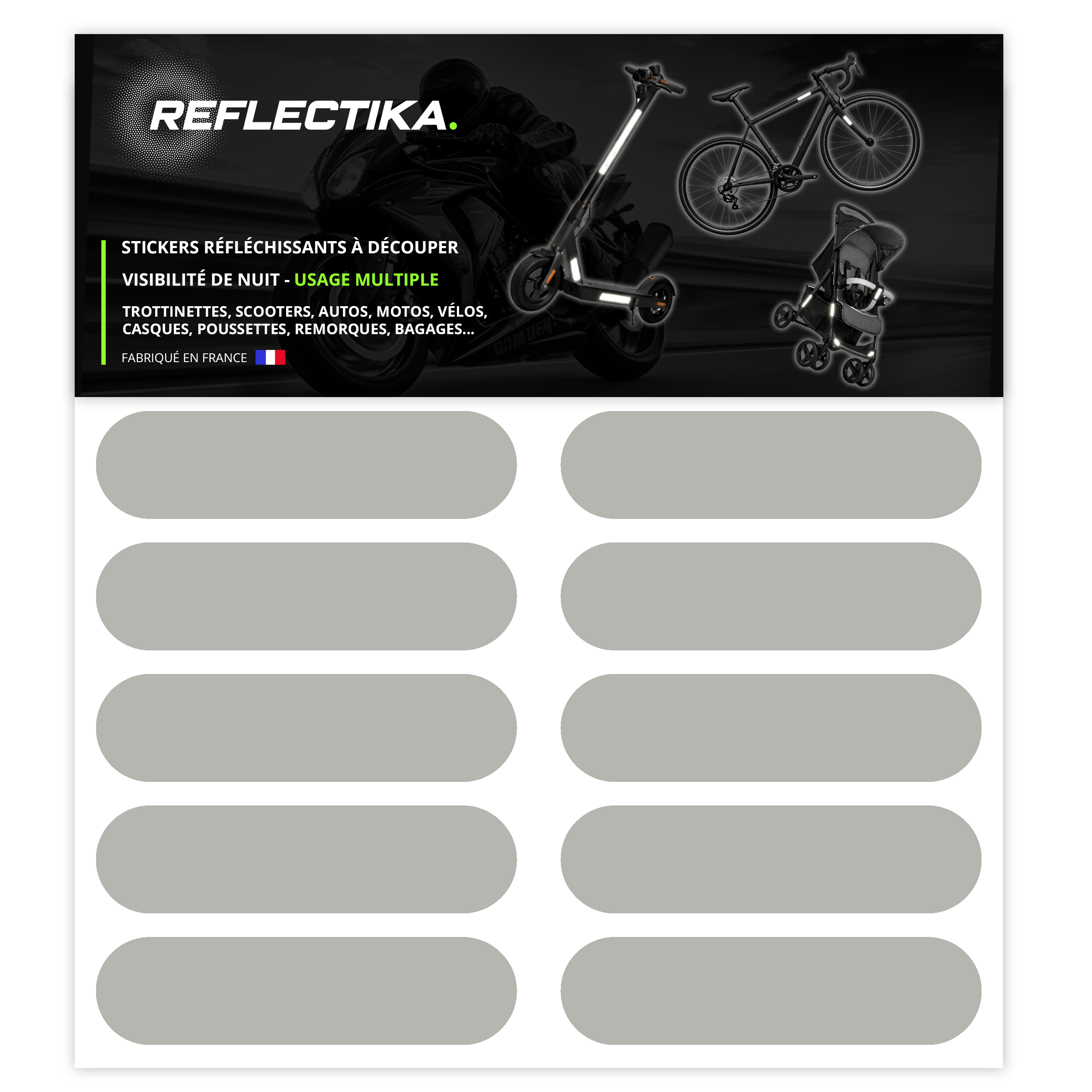 Kit Universel 10 Bandes Stickers rétro réfléchissants - Autocollants pour Vélo Casque Moto Poussette Multi Supports Blanc