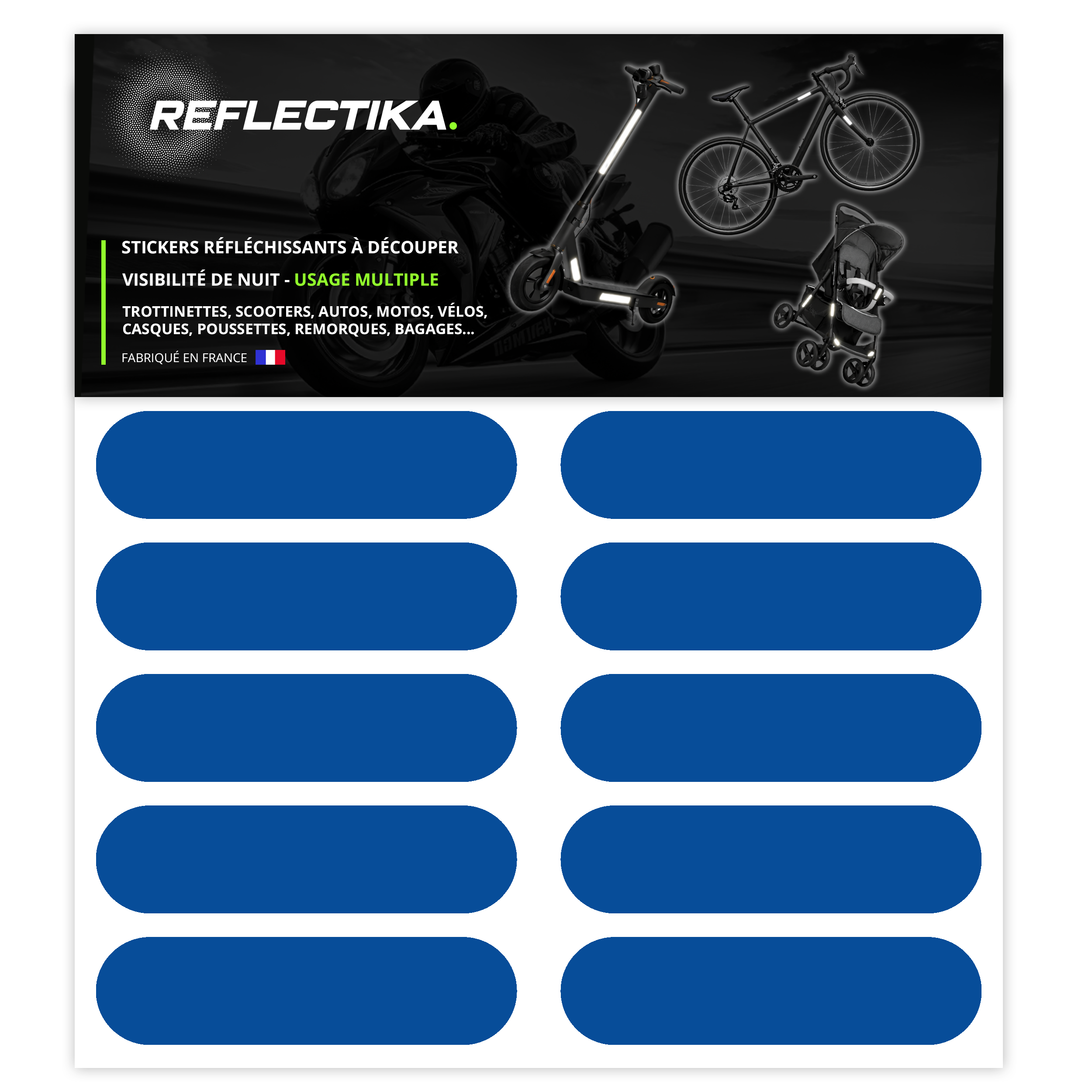 Kit Universel 10 Bandes Stickers rétro réfléchissants - Autocollants pour Vélo Casque Moto Poussette Multi Supports Bleu Clair