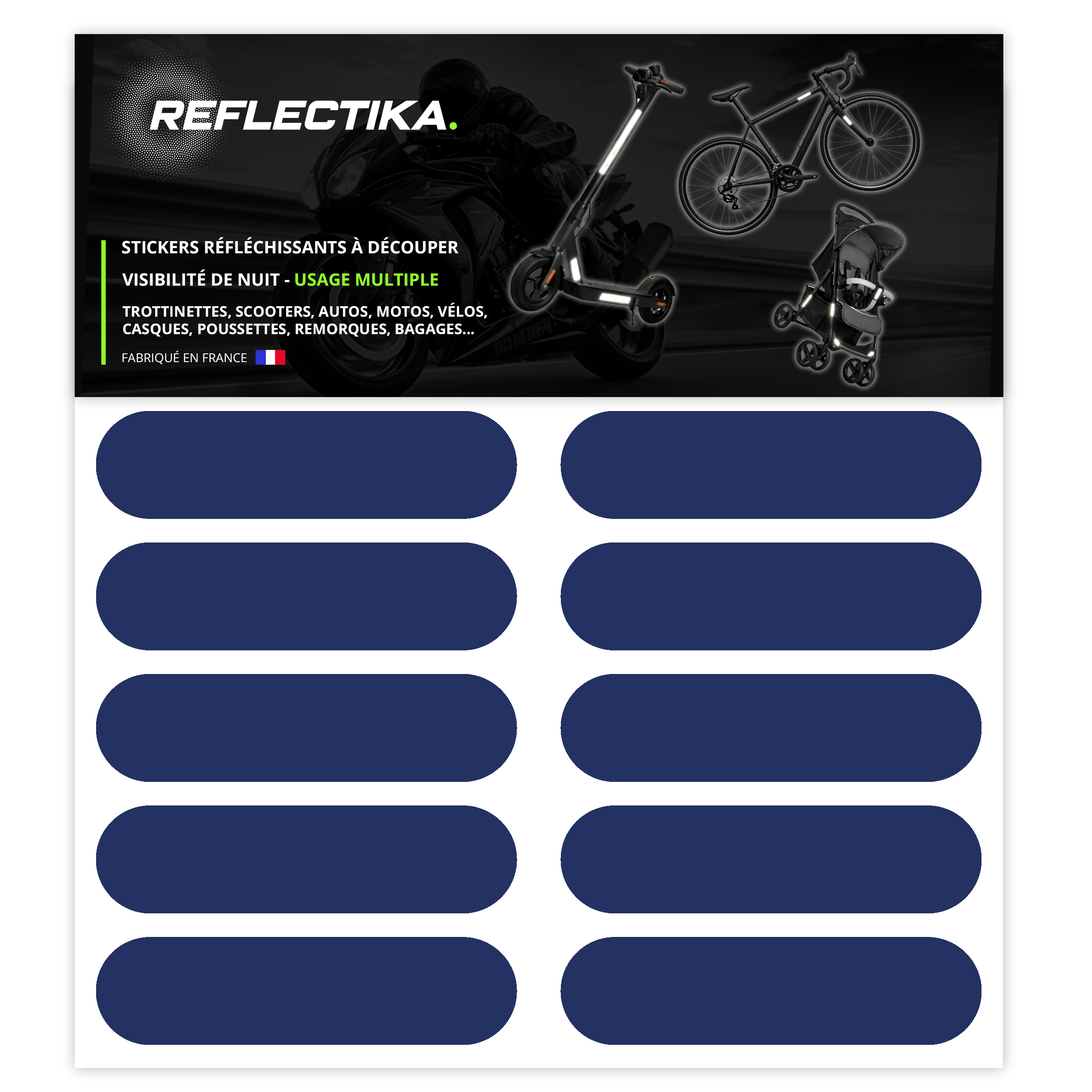 Kit Universel 10 Bandes Stickers rétro réfléchissants - Autocollants pour Vélo Casque Moto Poussette Multi Supports Bleu Marine
