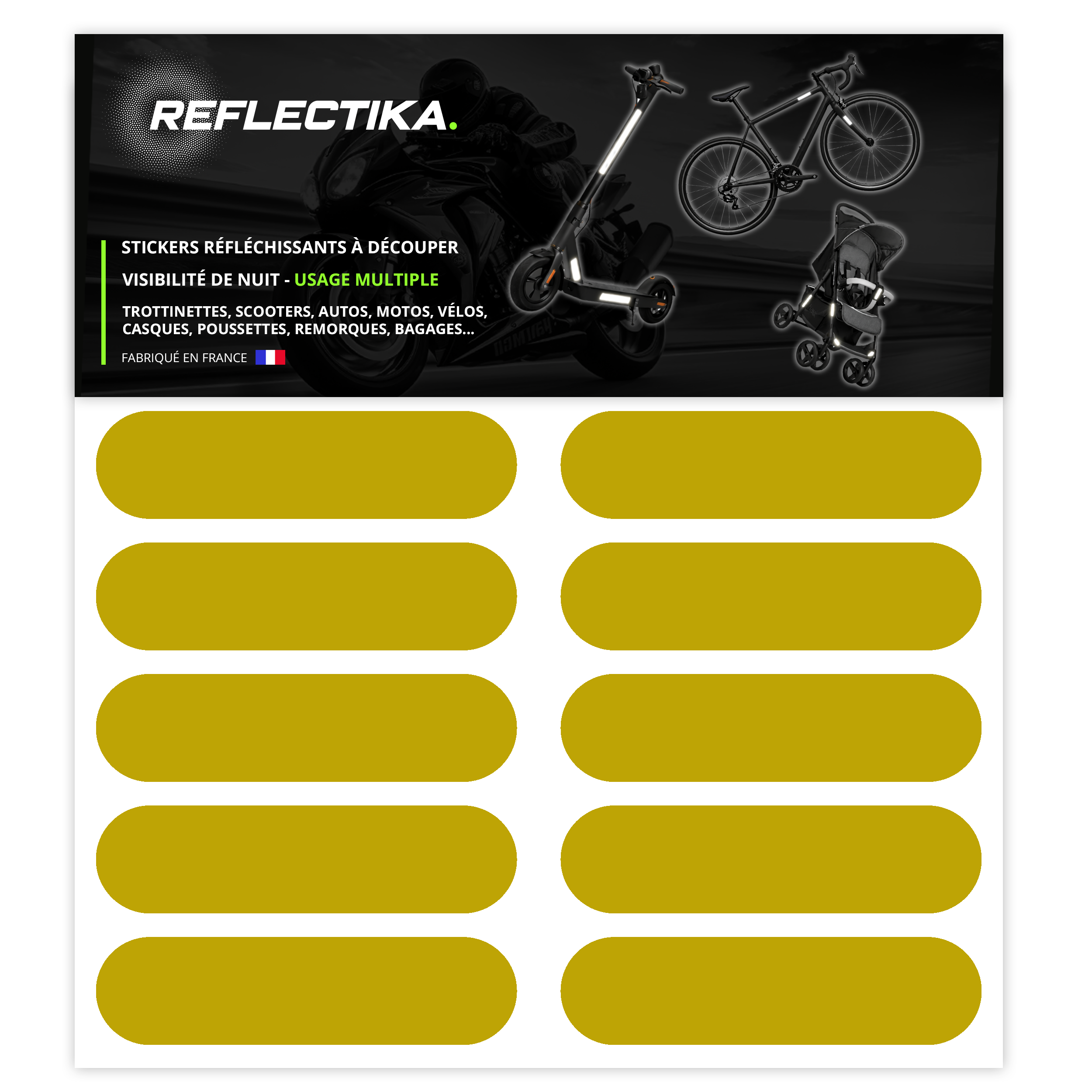 Kit Universel 10 Bandes Stickers rétro réfléchissants - Autocollants pour Vélo Casque Moto Poussette Multi Supports Citron