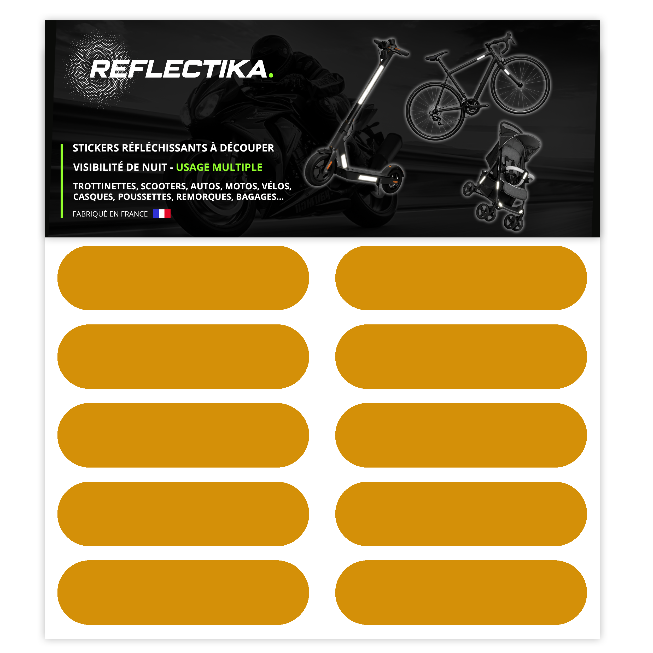 Kit Universel 10 Bandes Stickers rétro réfléchissants - Autocollants pour Vélo Casque Moto Poussette Multi Supports Jaune