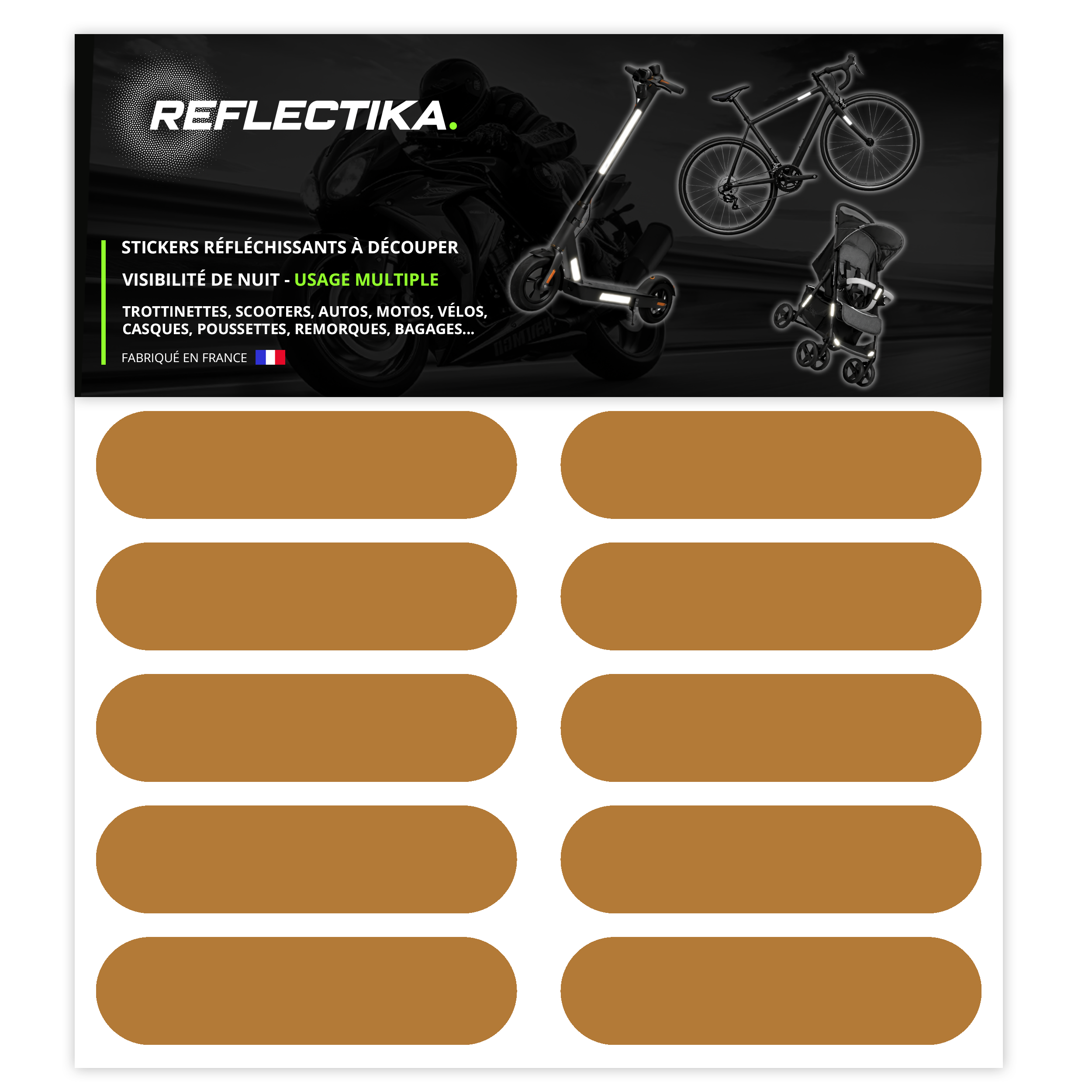 Kit Universel 10 Bandes Stickers rétro réfléchissants - Autocollants pour Vélo Casque Moto Poussette Multi Supports Or