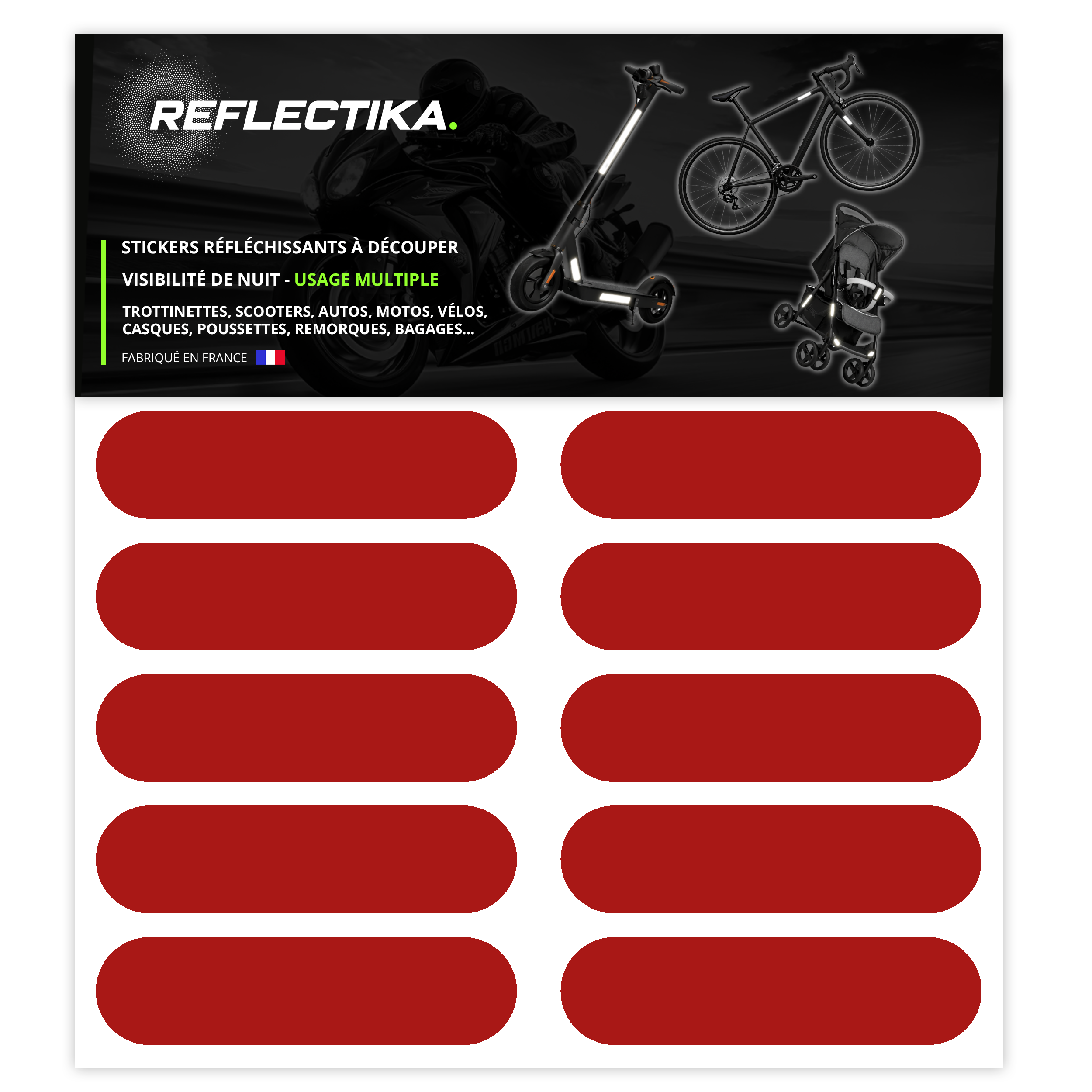 Kit Universel 10 Bandes Stickers rétro réfléchissants - Autocollants pour Vélo Casque Moto Poussette Multi Supports Rouge