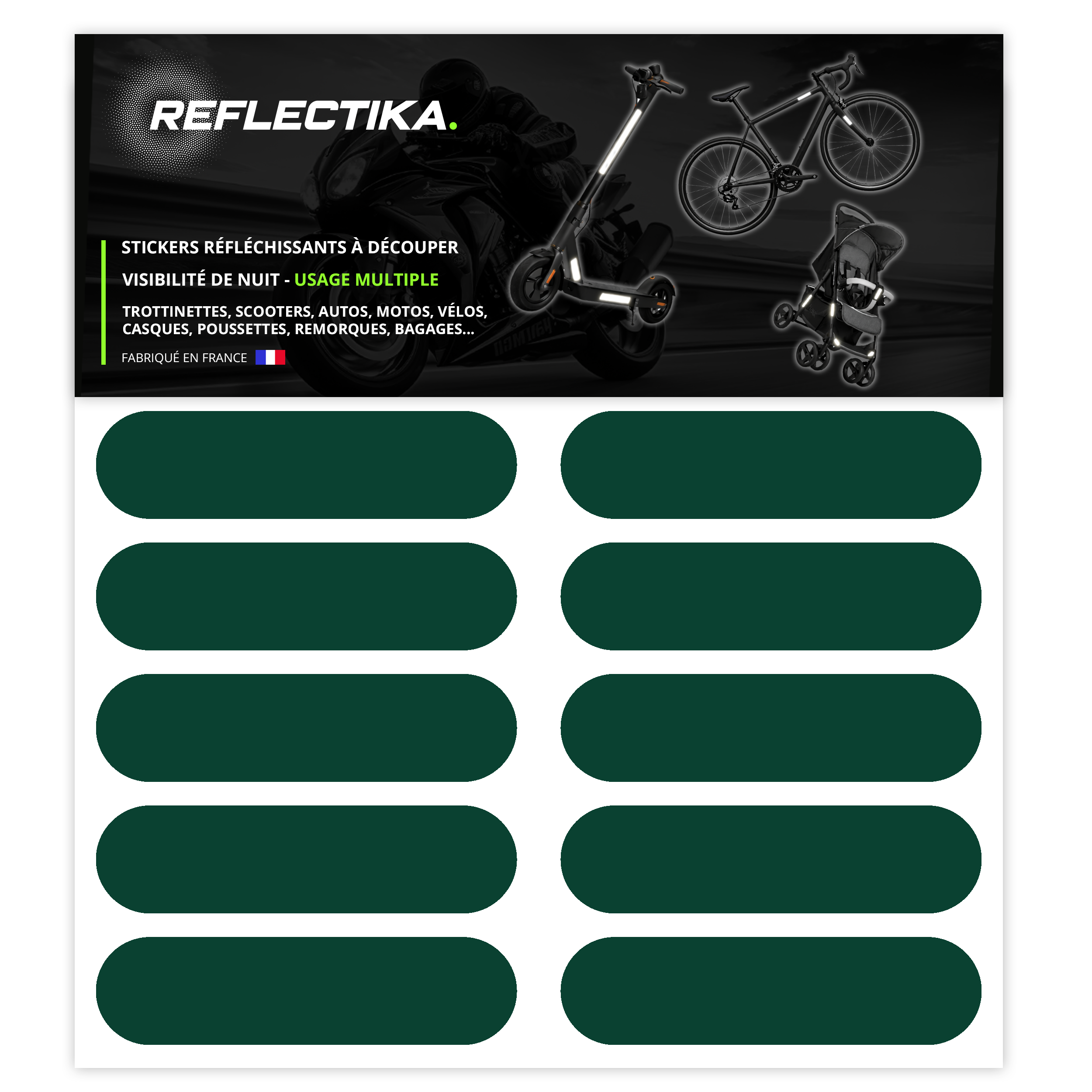 Kit Universel 10 Bandes Stickers rétro réfléchissants - Autocollants pour Vélo Casque Moto Poussette Multi Supports Vert Foncé