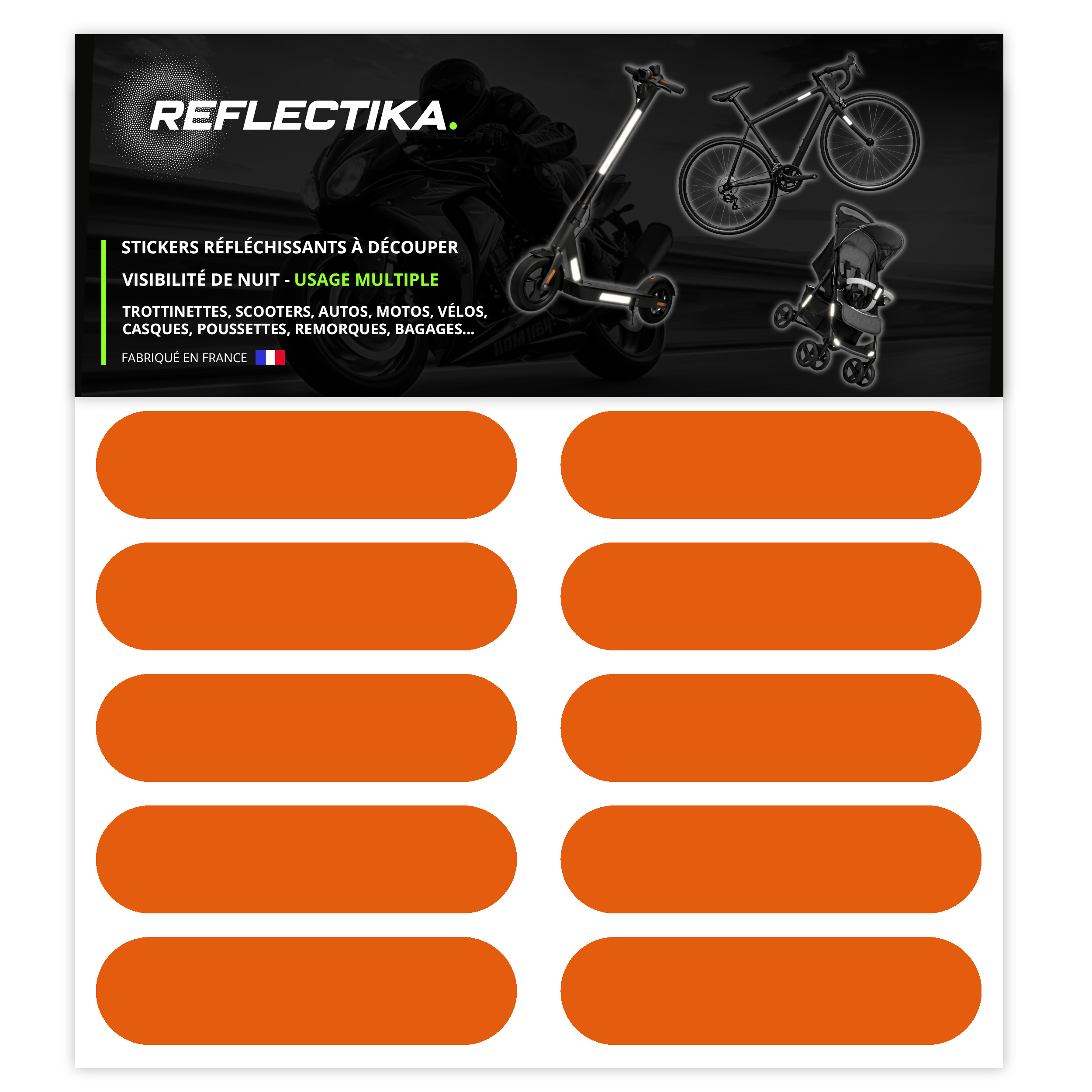 Kit Universel 10 Bandes Stickers rétro réfléchissants - Autocollants pour Vélo Casque Moto Poussette Multi Supports Orange