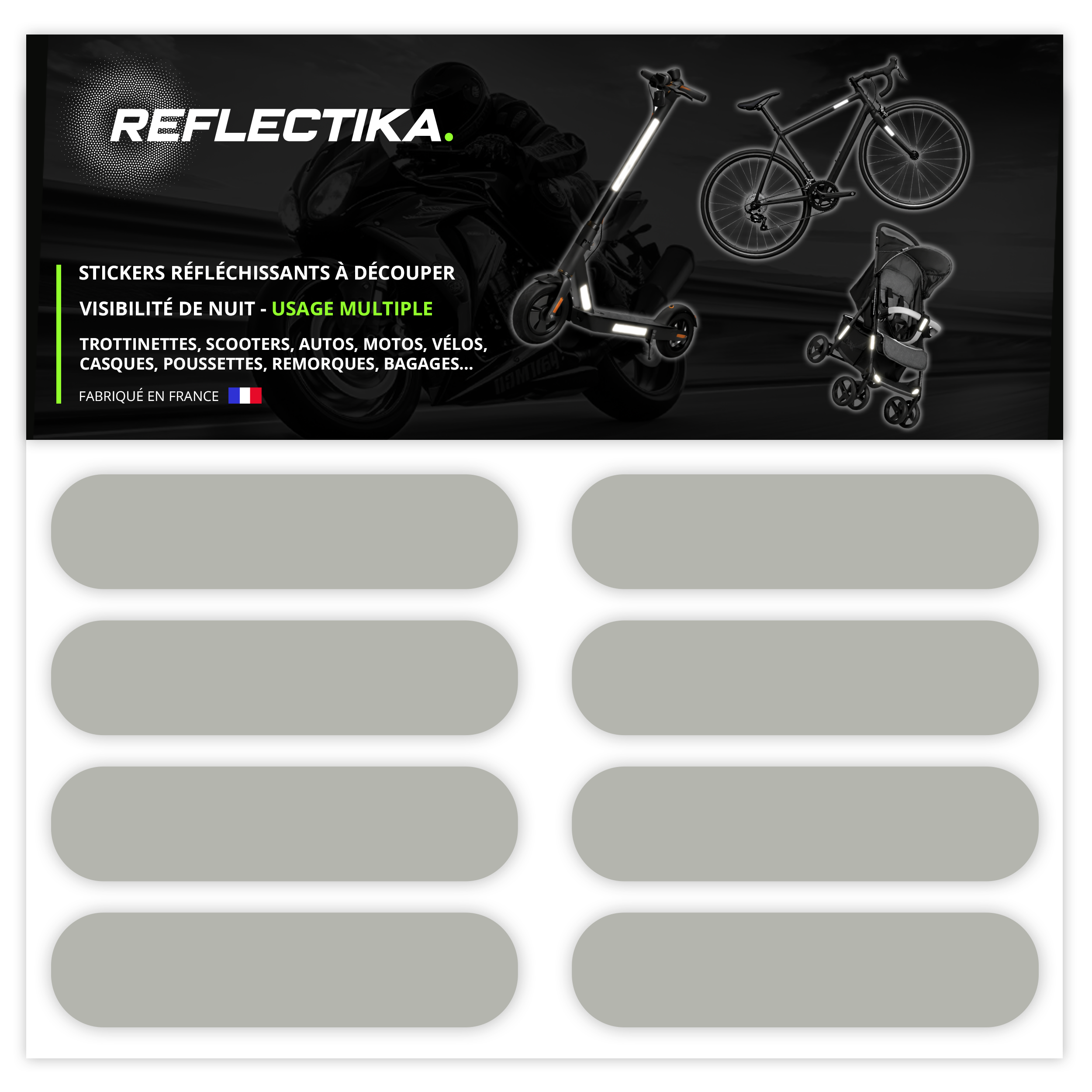 Kit Universel 8 Bandes Stickers Rétro Réfléchissants - Autocollants pour Vélo Casque Moto Poussette Multi Supports Blanc