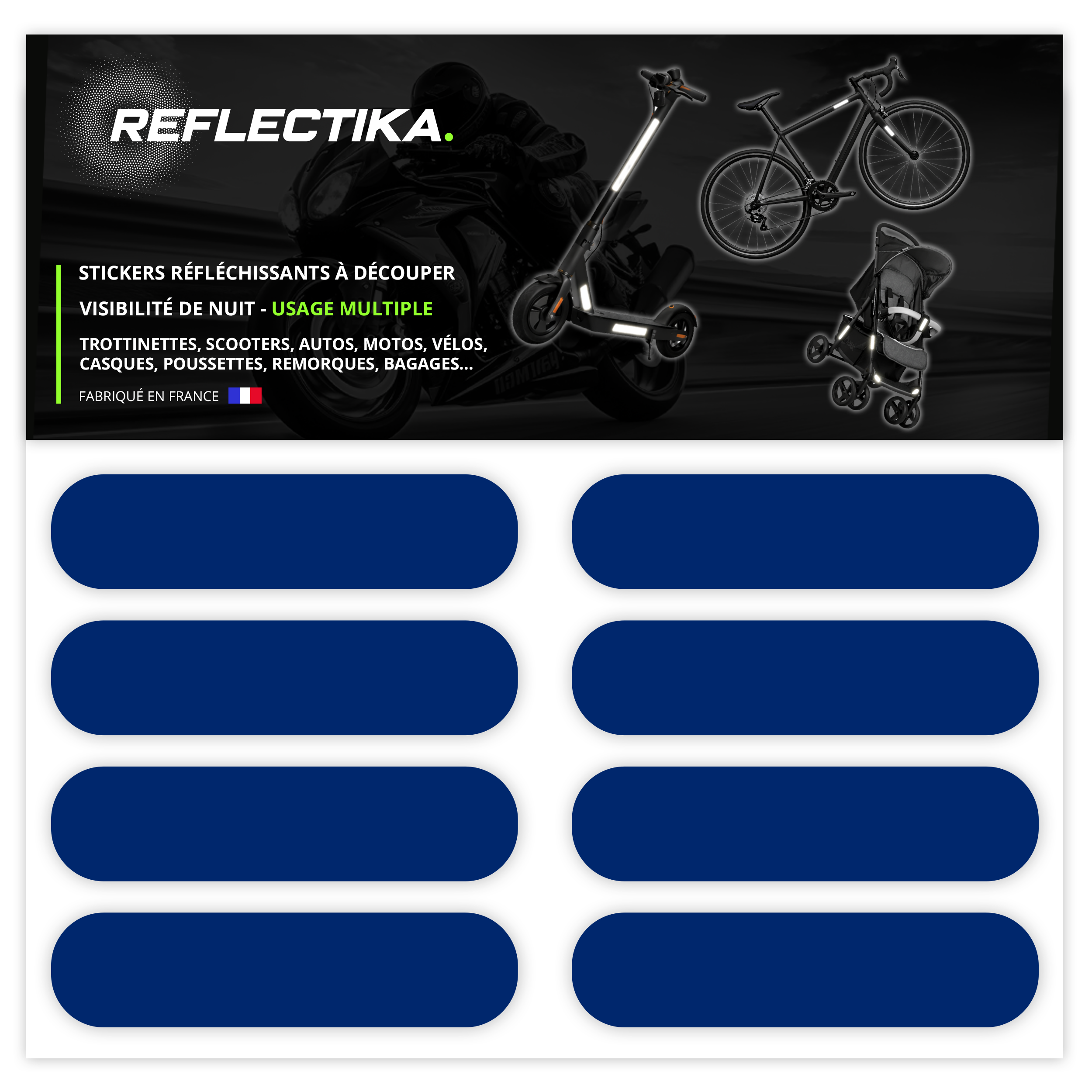 Kit Universel 8 Bandes Stickers Rétro Réfléchissants - Autocollants pour Vélo Casque Moto Poussette Multi Supports Bleu Marine