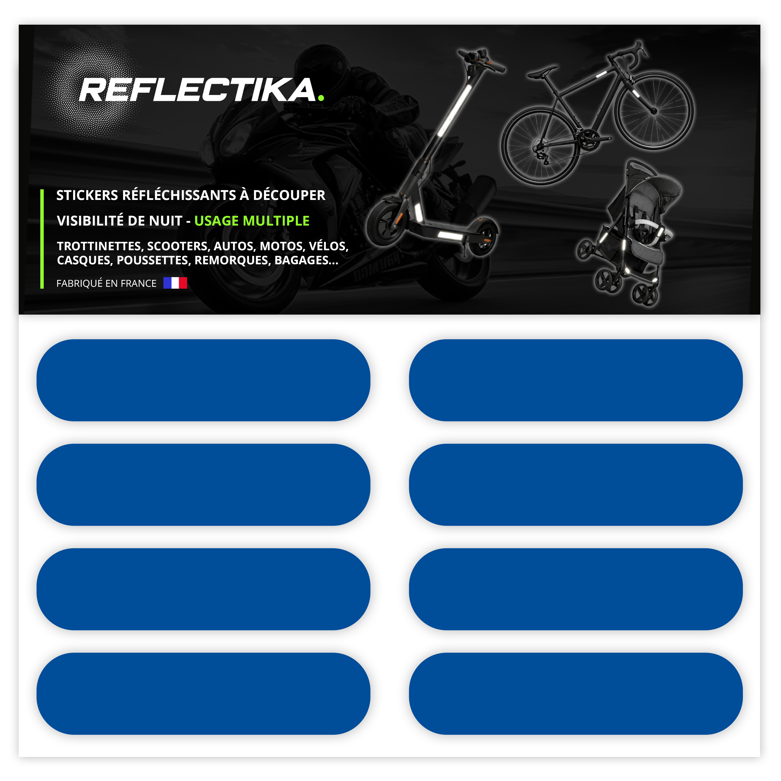 Kit Universel 8 Bandes Stickers Rétro Réfléchissants - Autocollants pour Vélo Casque Moto Poussette Multi Supports Bleu Clair