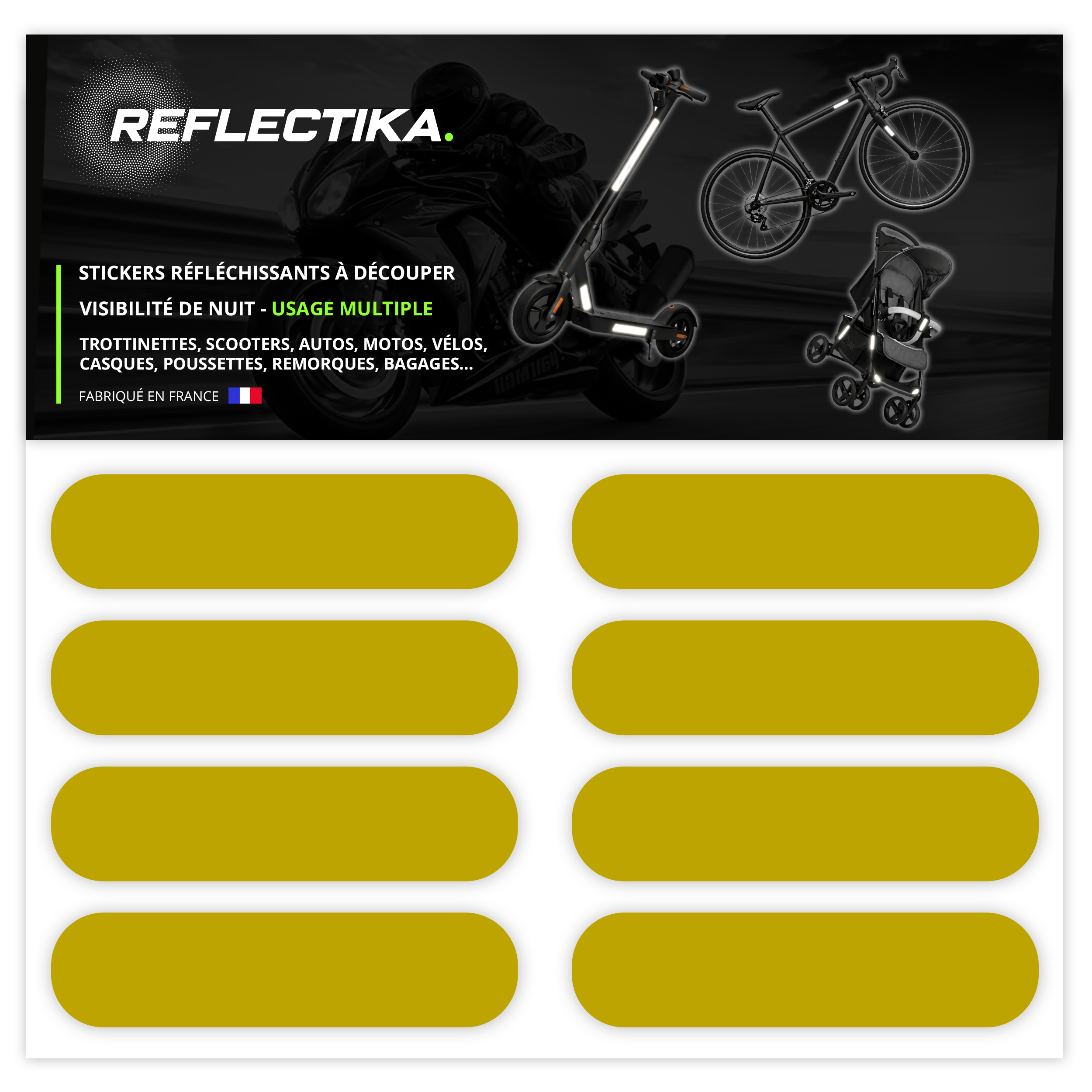 Kit Universel 8 Bandes Stickers Rétro Réfléchissants - Autocollants pour Vélo Casque Moto Poussette Multi Supports Citron