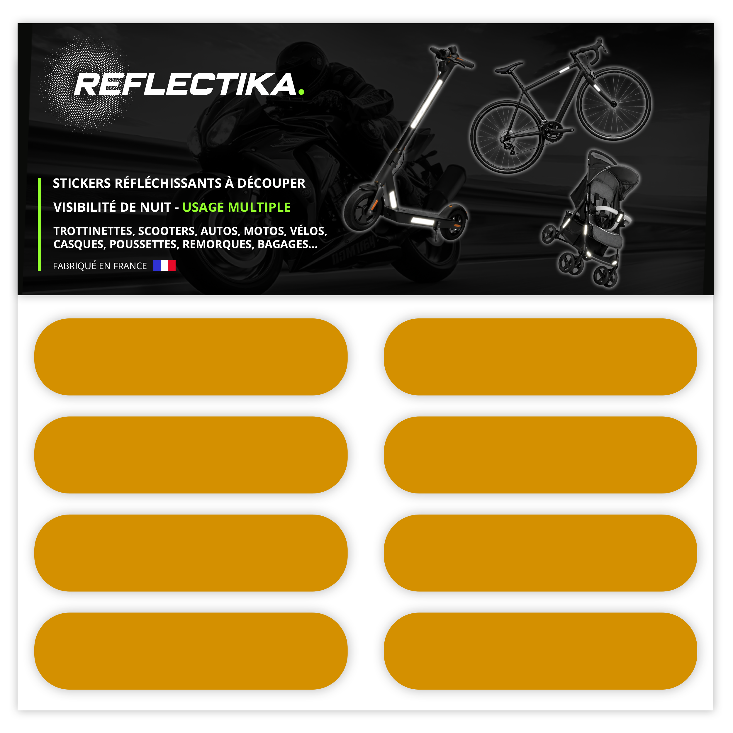 Kit Universel 8 Bandes Stickers Rétro Réfléchissants - Autocollants pour Vélo Casque Moto Poussette Multi Supports Jaune