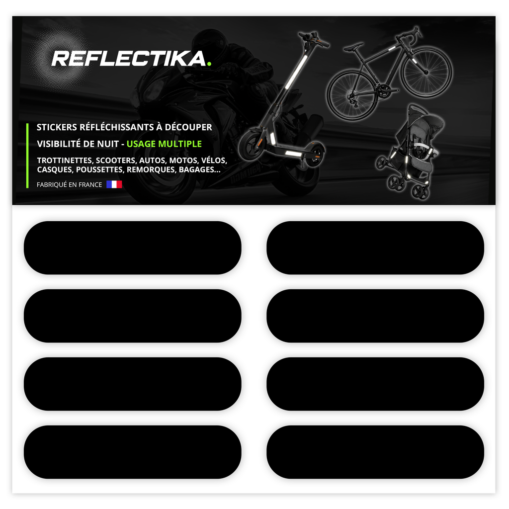 Kit Universel 8 Bandes Stickers Rétro Réfléchissants - Autocollants pour Vélo Casque Moto Poussette Multi Supports Noir