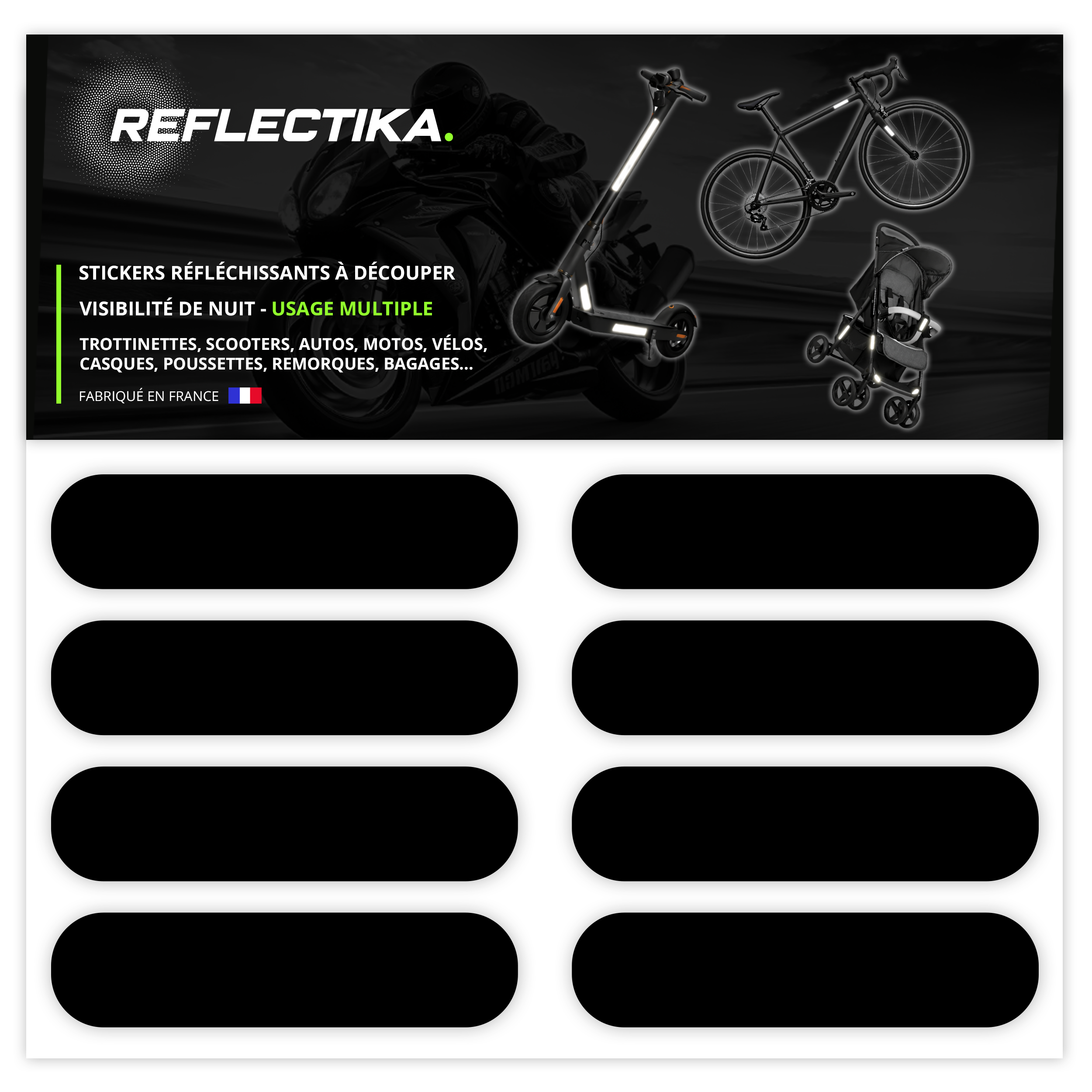 Kit Universel 8 Bandes Stickers Rétro Réfléchissants - Autocollants pour Vélo Casque Moto Poussette Multi Supports Noir