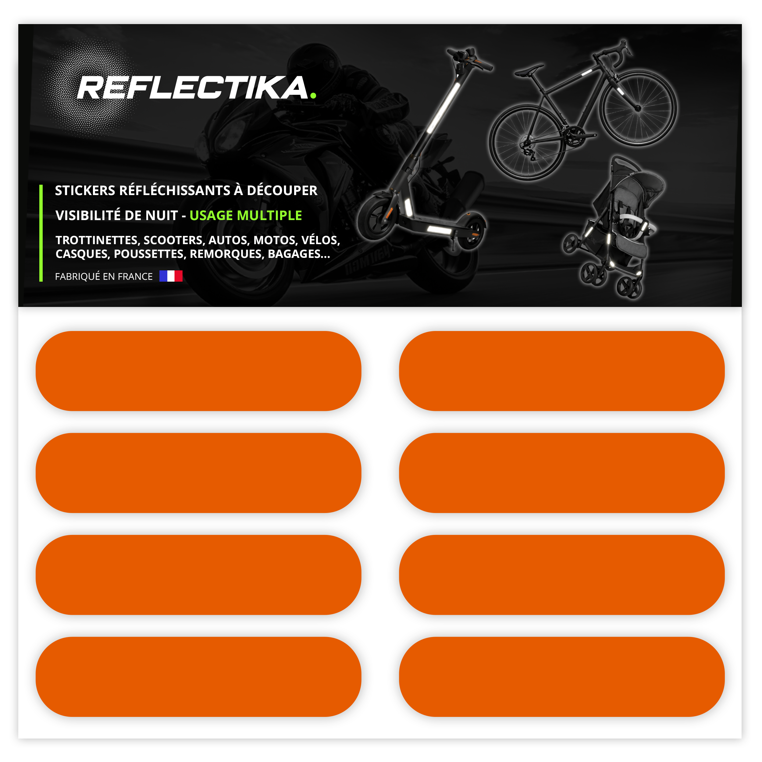 Kit Universel 8 Bandes Stickers Rétro Réfléchissants - Autocollants pour Vélo Casque Moto Poussette Multi Supports Orange