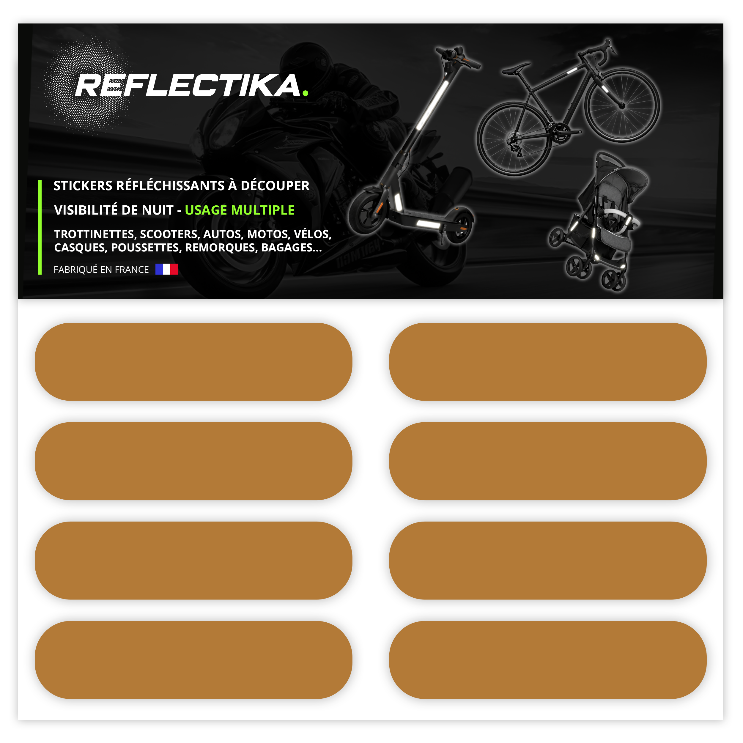 Kit Universel 8 Bandes Stickers Rétro Réfléchissants - Autocollants pour Vélo Casque Moto Poussette Multi Supports Or
