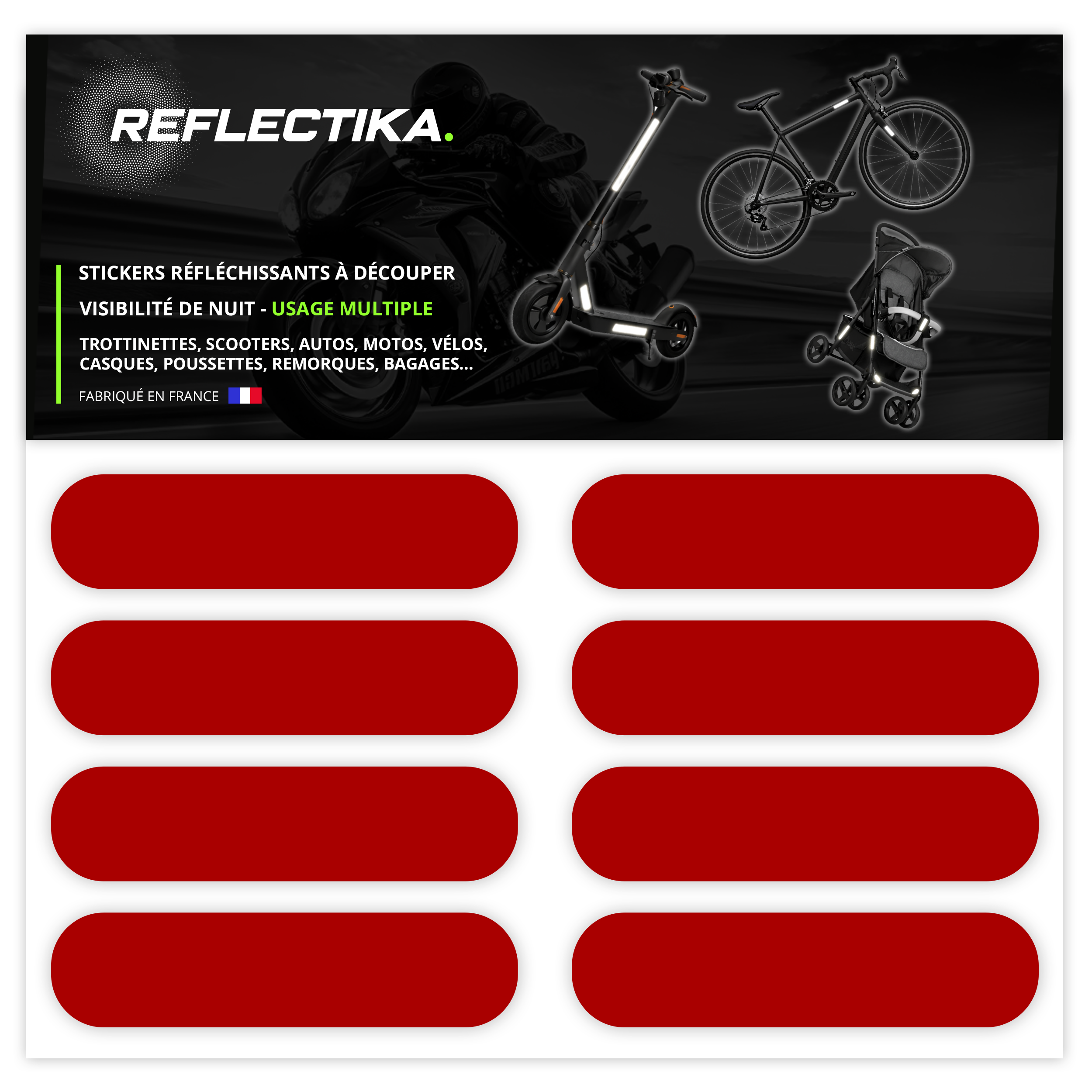 Kit Universel 8 Bandes Stickers Rétro Réfléchissants - Autocollants pour Vélo Casque Moto Poussette Multi Supports Rouge