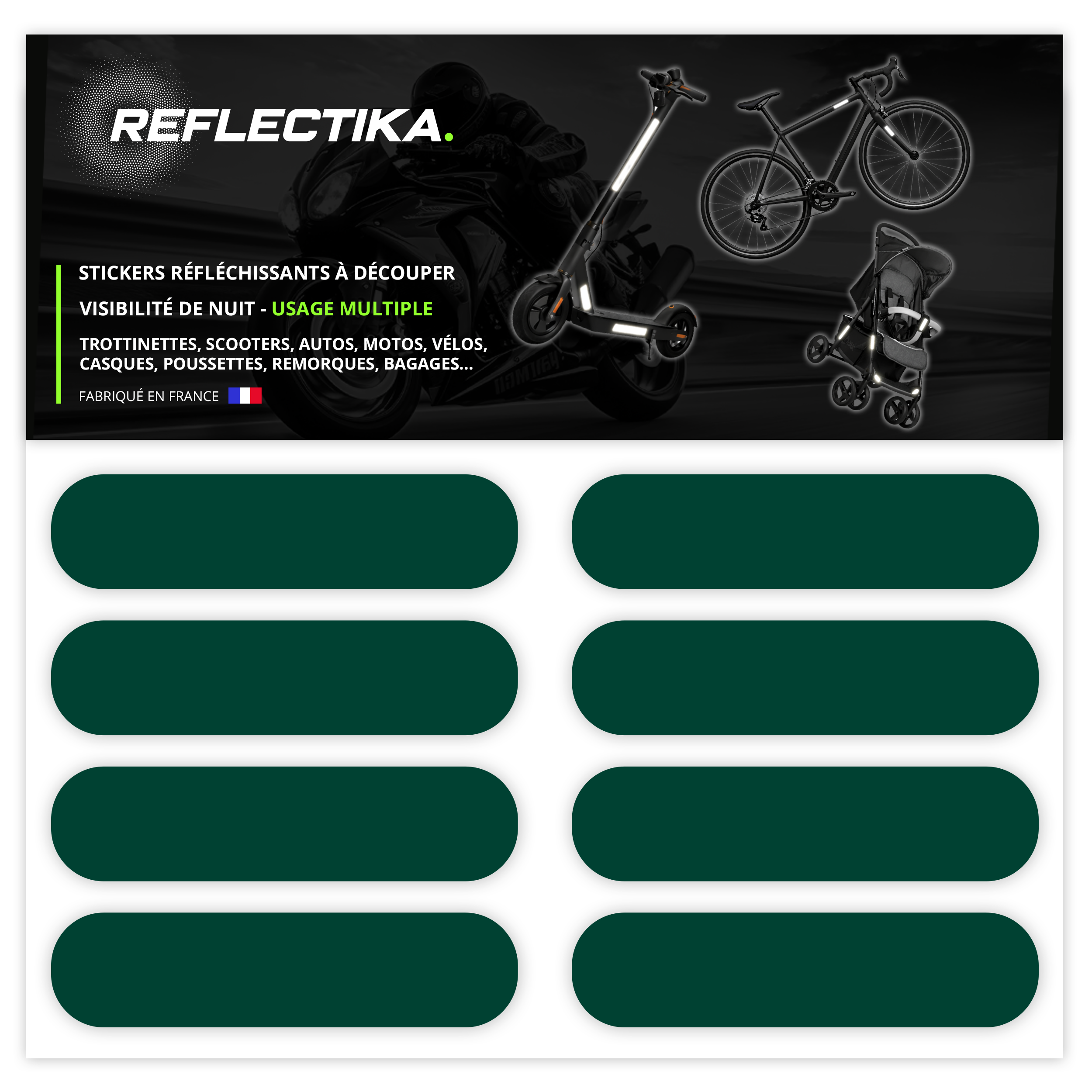 Kit Universel 8 Bandes Stickers Rétro Réfléchissants - Autocollants pour Vélo Casque Moto Poussette Multi Supports Vert Foncé