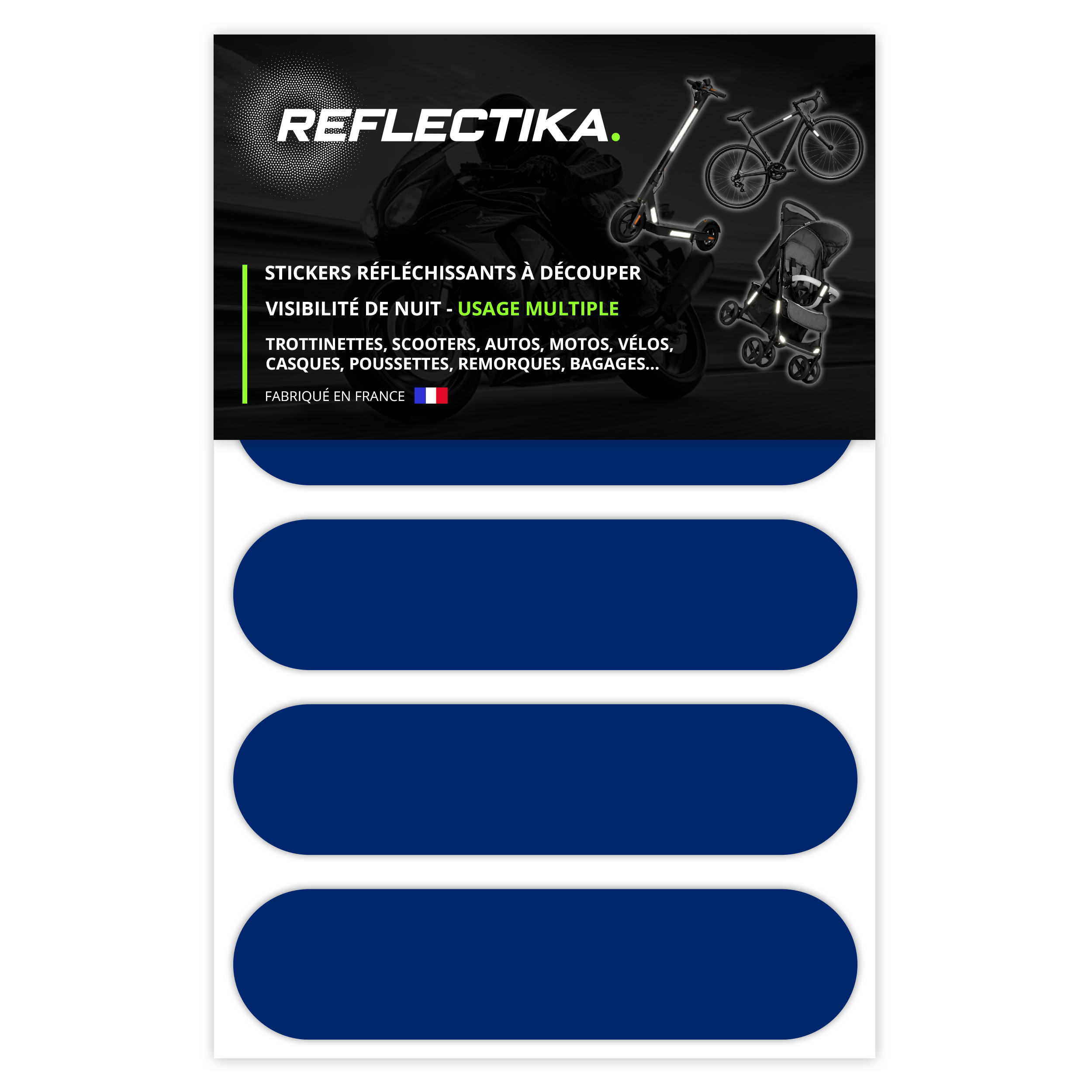 Kit Universel 4 Stickers Autocollants Réfléchissants pour casque Moto Couleur Bleu Marine