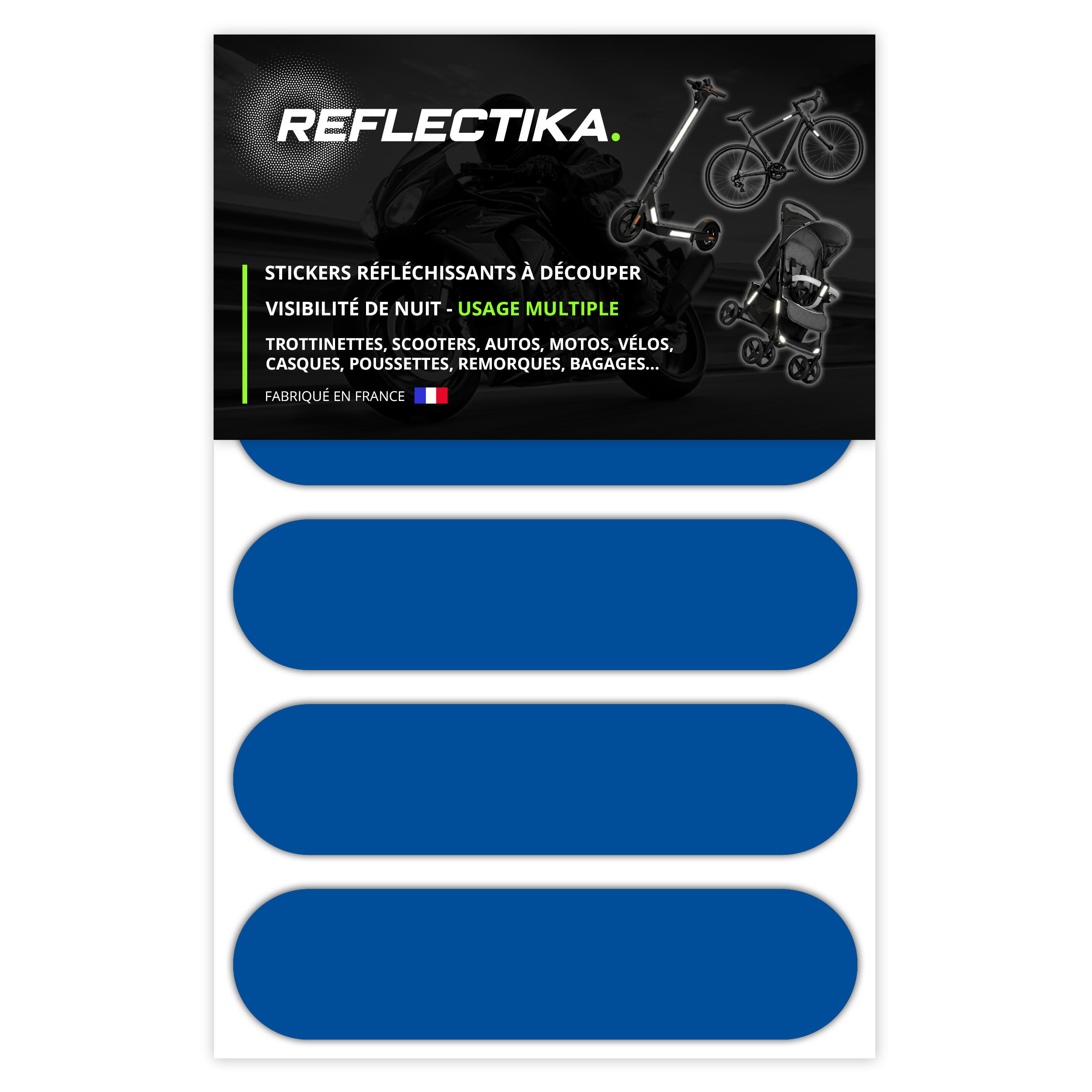Kit Universel 4 Stickers Autocollants Réfléchissants pour casque Moto Couleur Bleu Clair