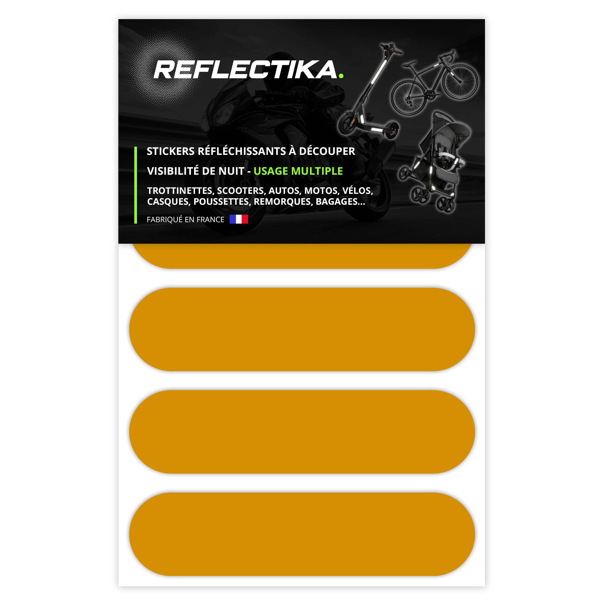 Kit Universel 4 Stickers Autocollants Réfléchissants pour casque Moto Couleur Jaune