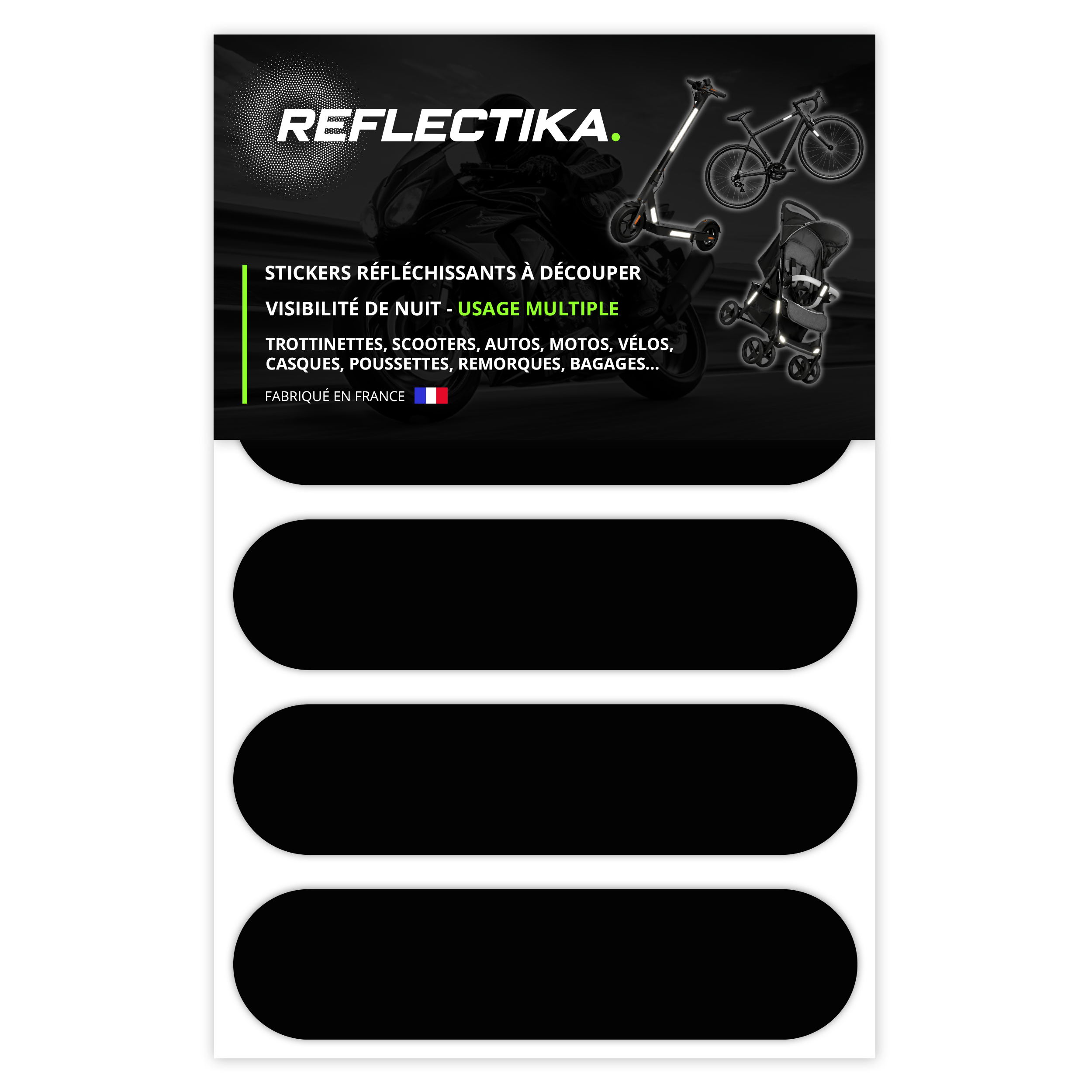 Kit Universel 4 Stickers Autocollants Réfléchissants pour casque Moto Couleur Noir