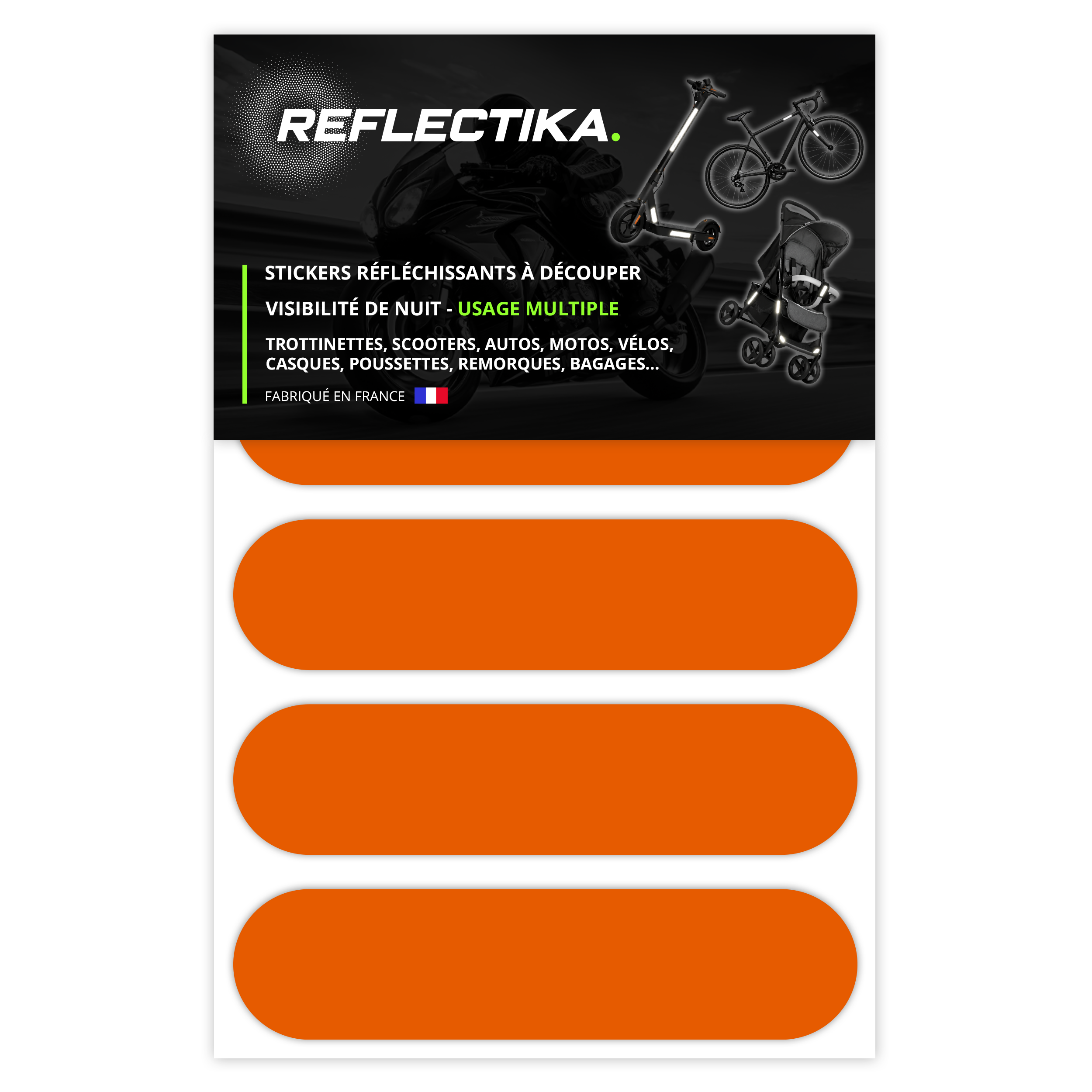 Kit Universel 4 Stickers Autocollants Réfléchissants pour casque Moto Couleur Orange