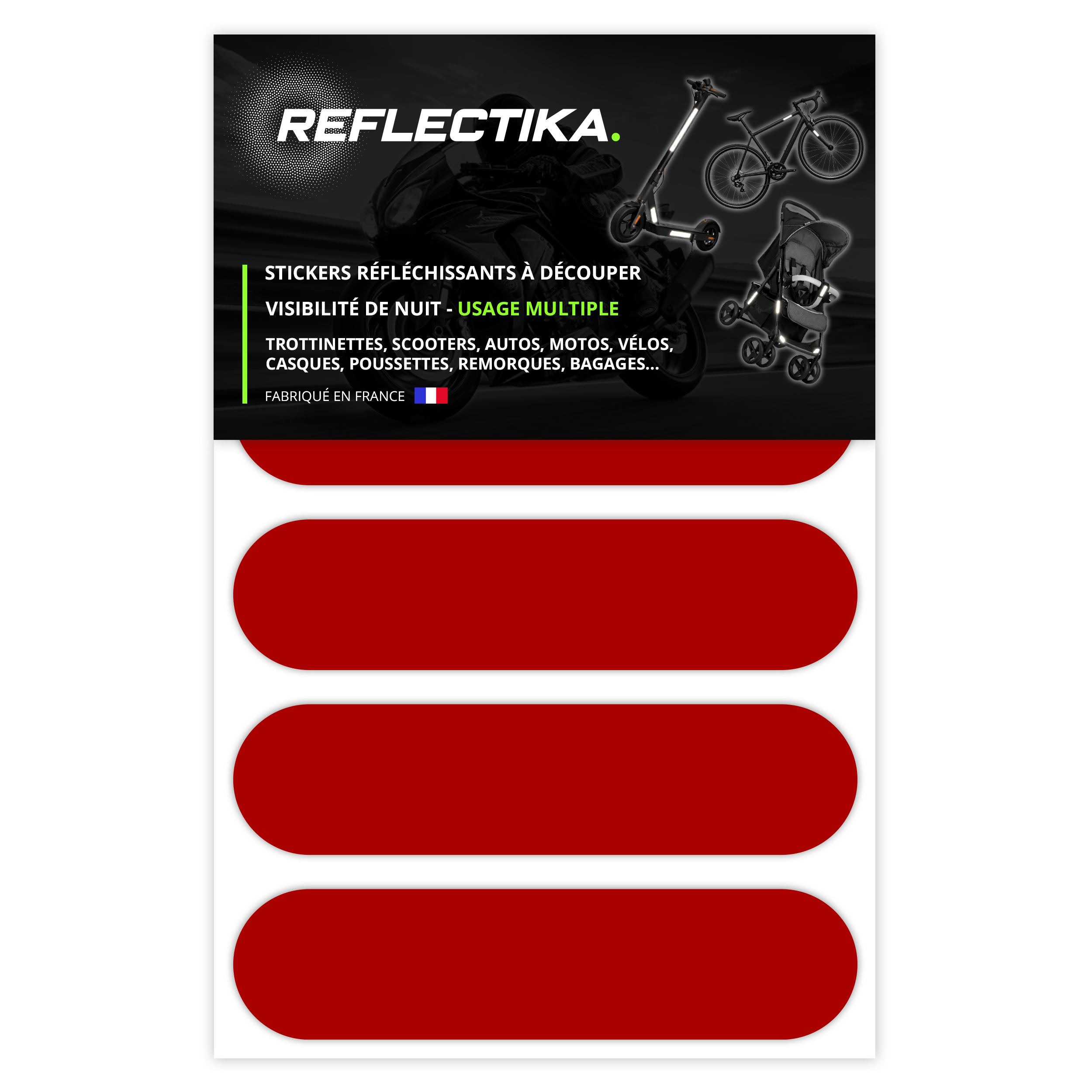 Kit Universel 4 Stickers Autocollants Réfléchissants pour casque Moto Couleur Rouge