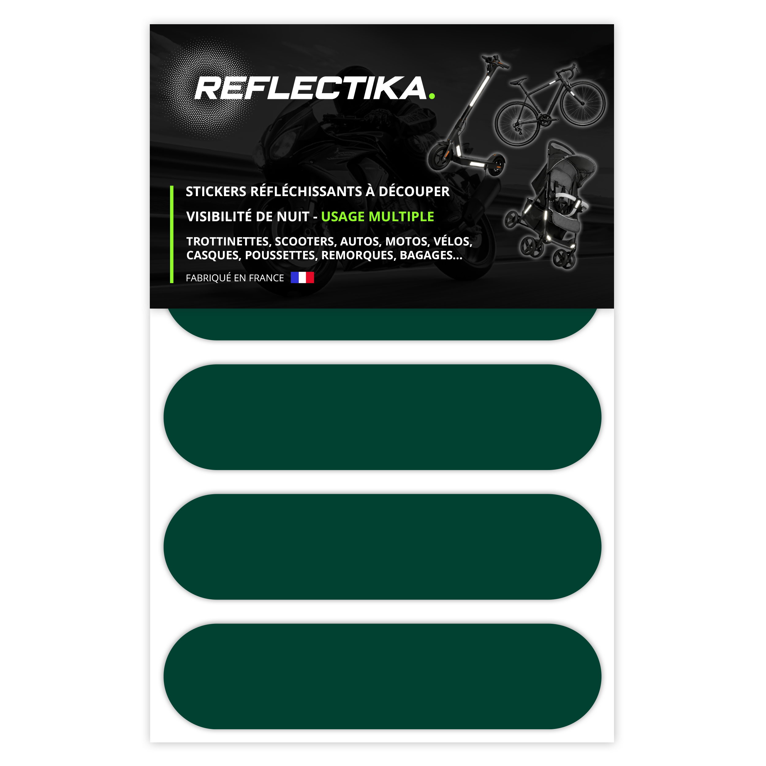 Kit Universel 4 Stickers Autocollants Réfléchissants pour casque Moto Couleur Vert Foncé